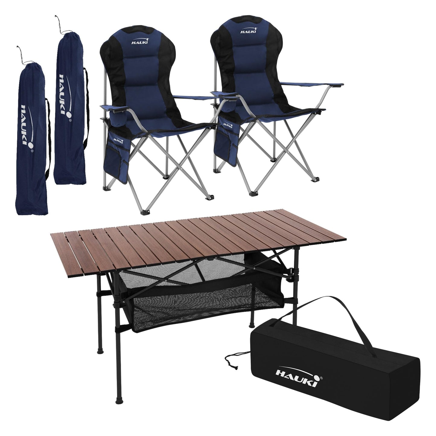 3-teiliges Campingmöbel-Set faltbar, mit Tragetasche, Campingtisch Braun 2x Campingstuhl Blau