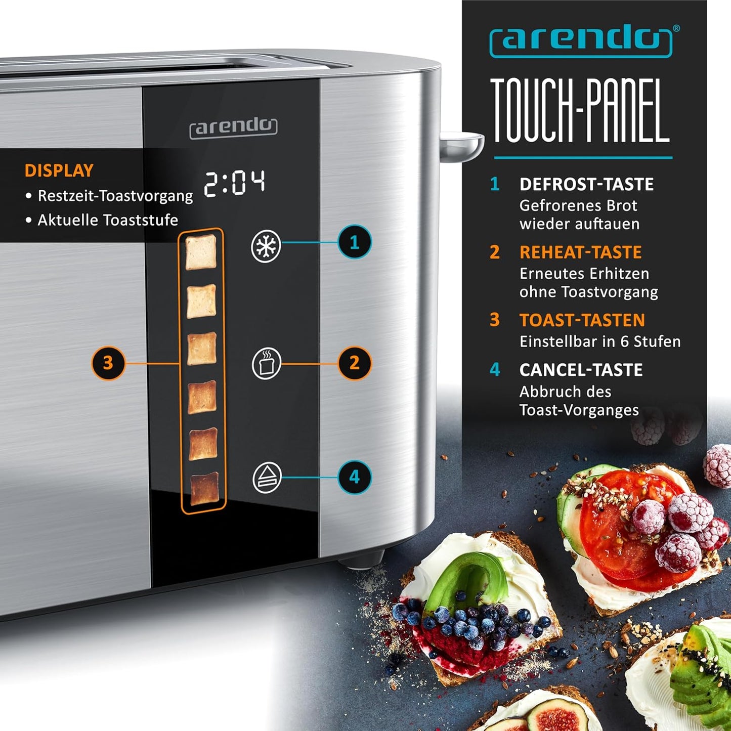 Edelstahl Langschlitz-Toaster mit Touchscreen, C: Steelsilver