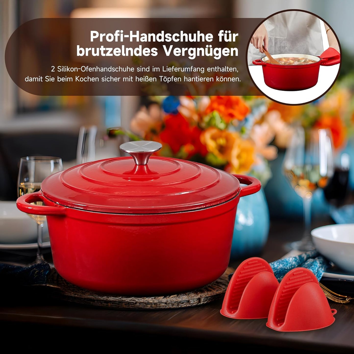 Schmortopf mit Deckel & Topflappen, 26cm/5L Rot mit cremeweiß