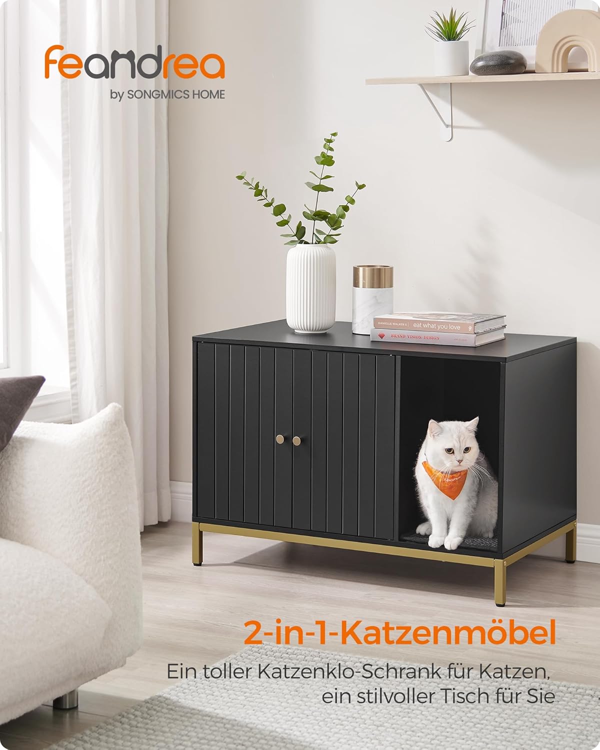 Katzenklo-Schrank PCL007B01 mit Kratzmatte und Beistelltischfunktion, 80 x 50 x 55 cm Schwarz + Goldfarben