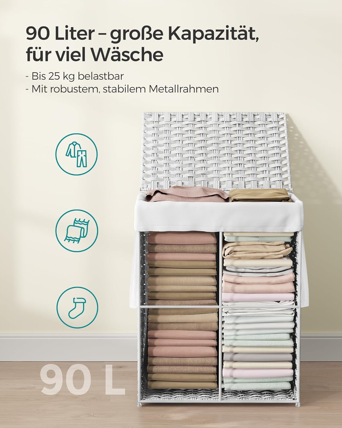 Geflochtener Wäschesammler mit Deckel und Wäschesack, Wolkenweiss 90 L