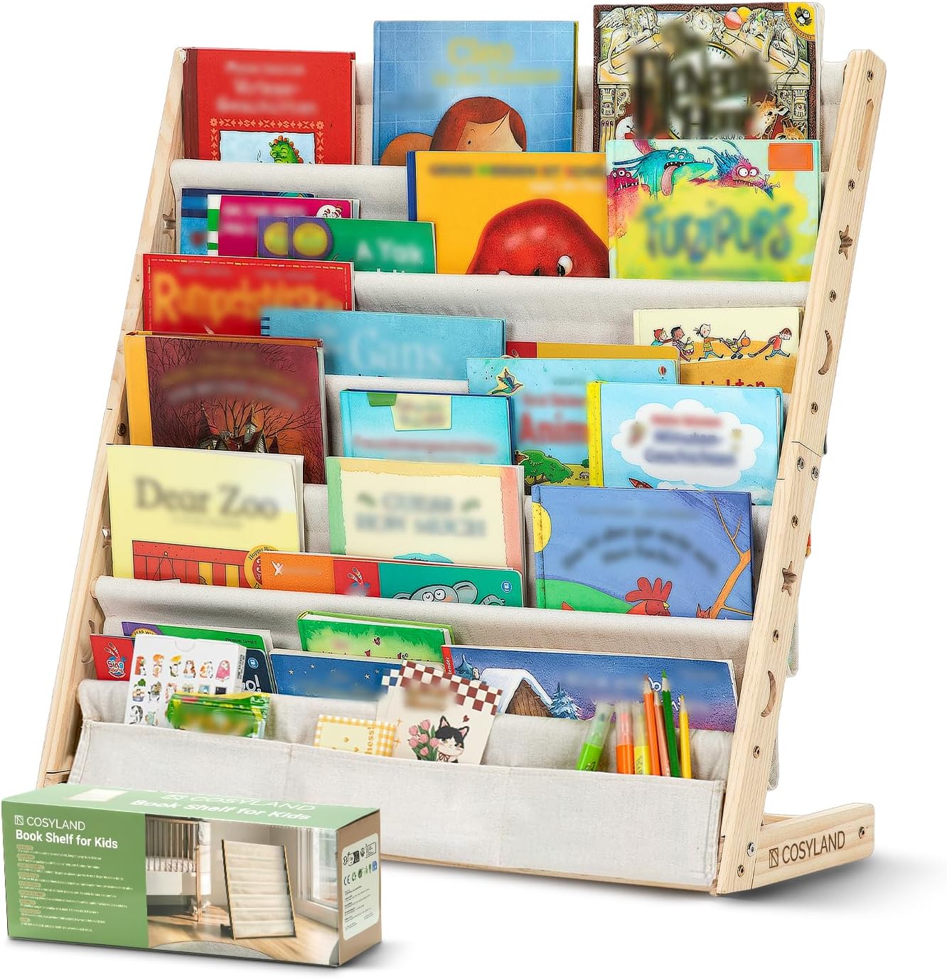 Kinderbücherregal mit Stofffächern, Naturholzfarbe X-Large