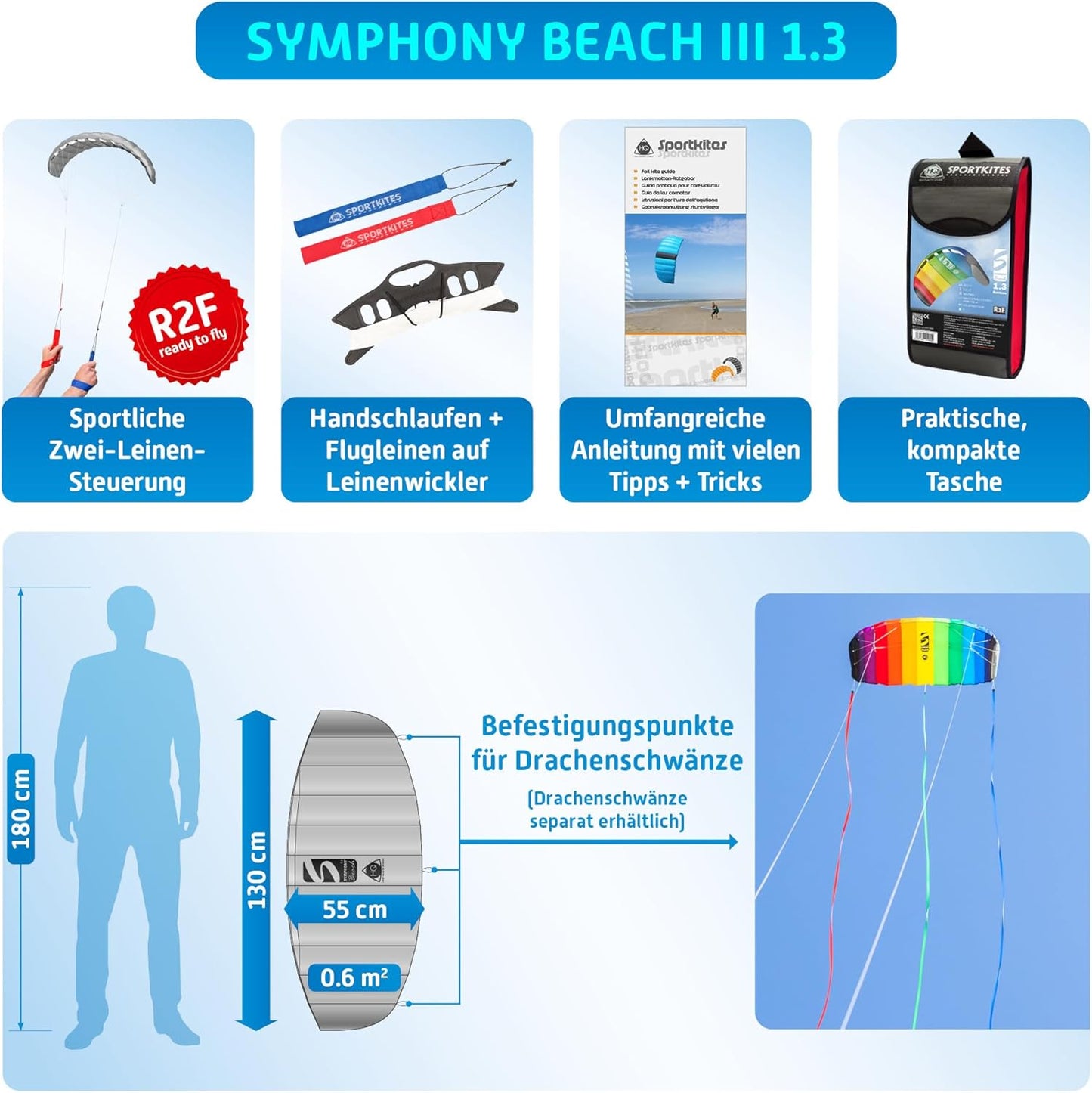 Zweileiner Lenkdrachen Symphony Beach, 1.3 Rainbow