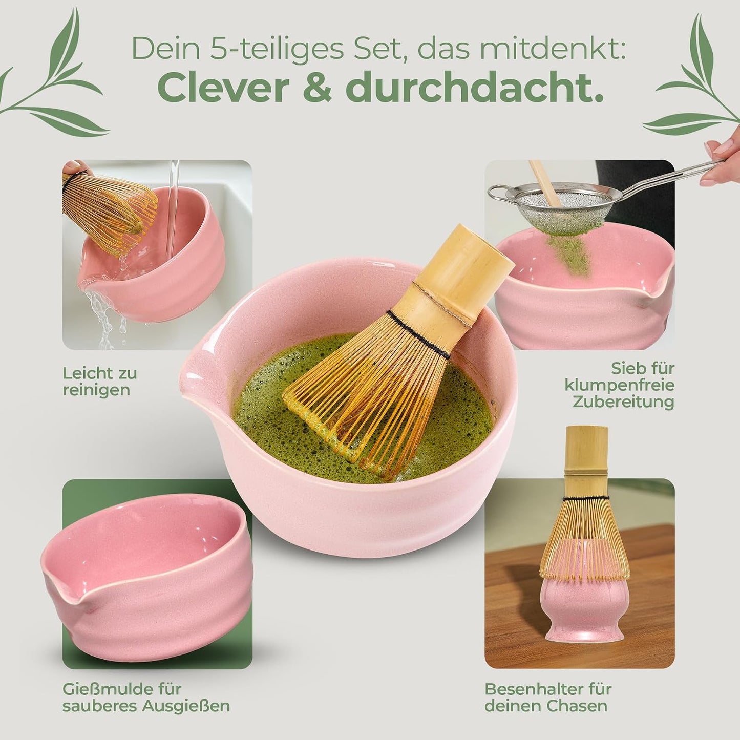 Matcha Tee-Set mit Besen und Schale, 5-teilig, Rosa