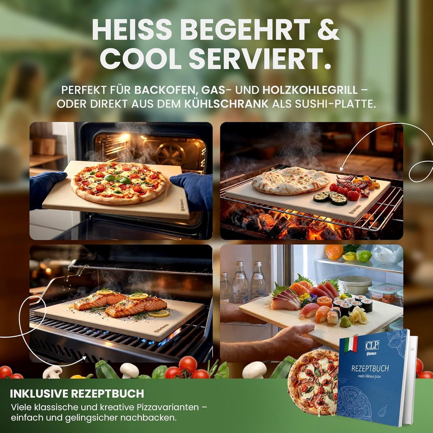 Pizzastein für Backofen & Grill mit Rezeptbuch, 38x30 cm