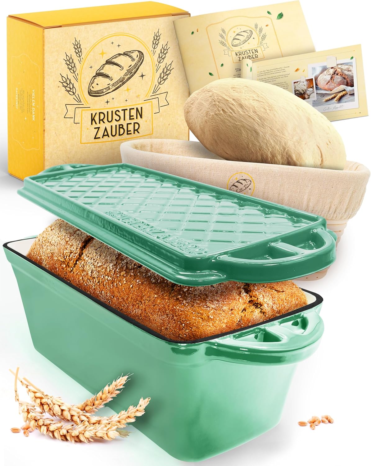 Brotbackfrom mit Deckel inkl. Gärkorb, Mintgrün Kastenform