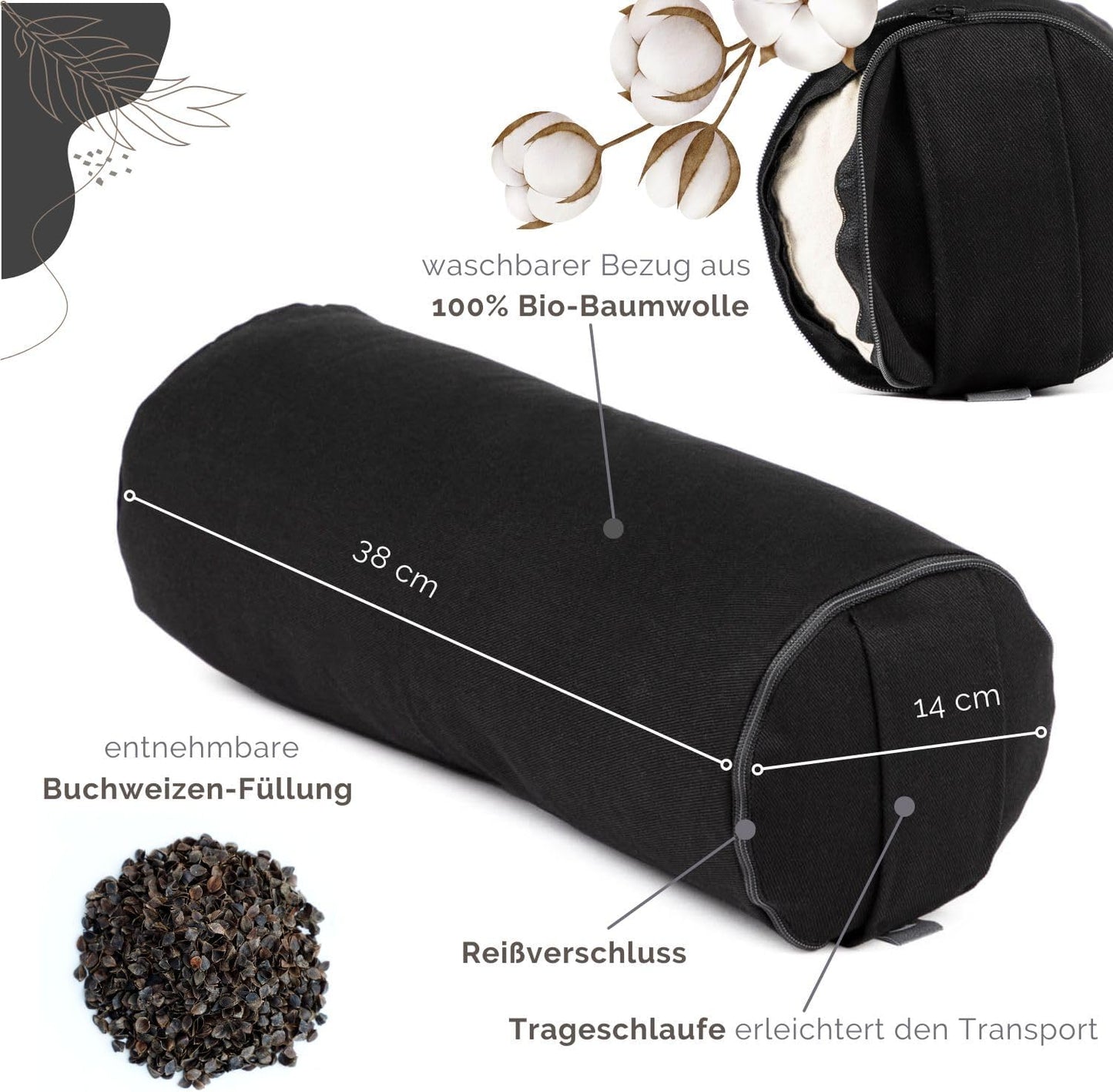 Mini Yogabolster mit Buchweizenfüllung und abnehmbarem Bezug, Schwarz