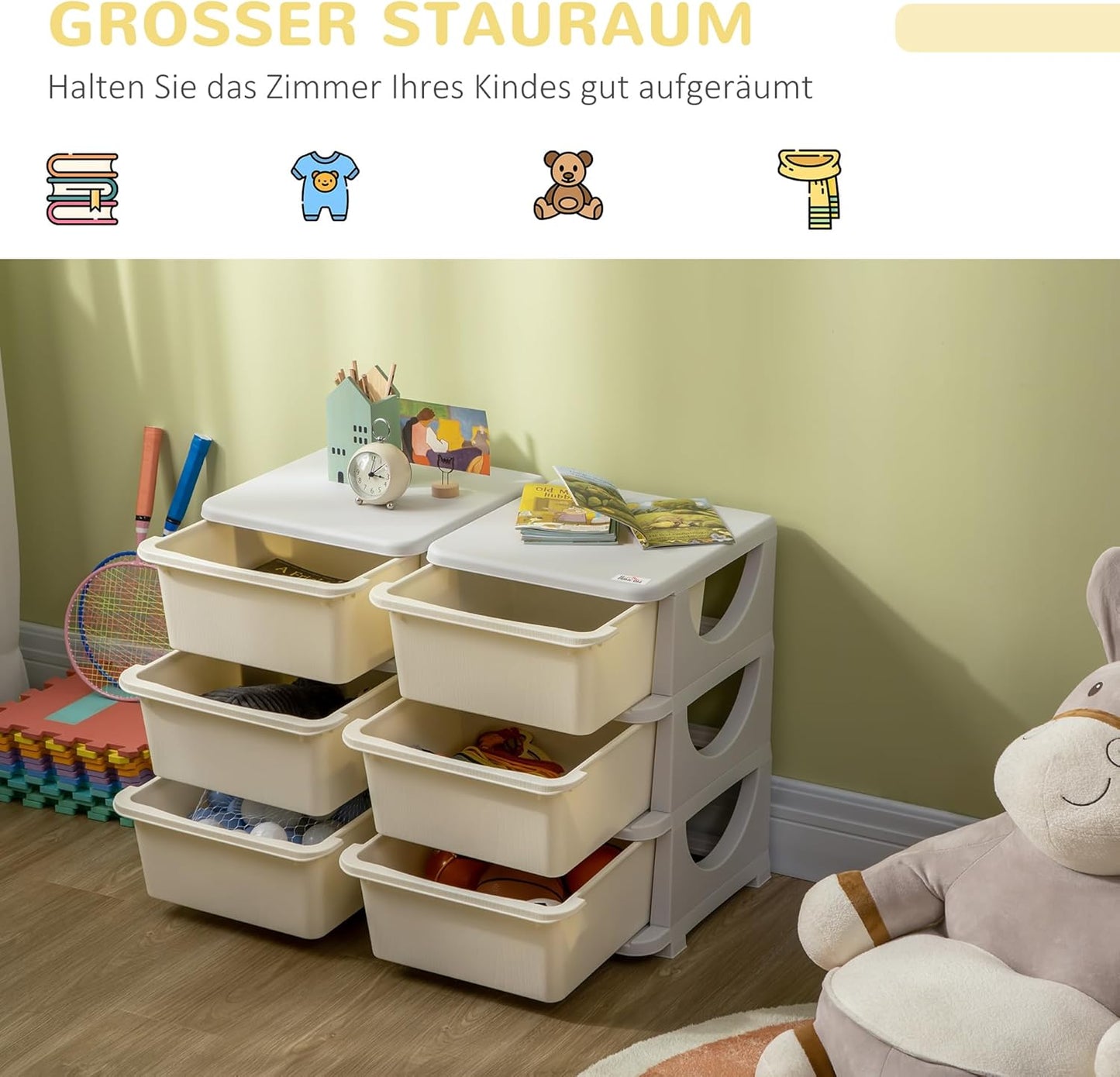 Kinderschubladenschrank mit abgerundete Kanten, 75L x 37B x 56,5H cm Cremeweiss