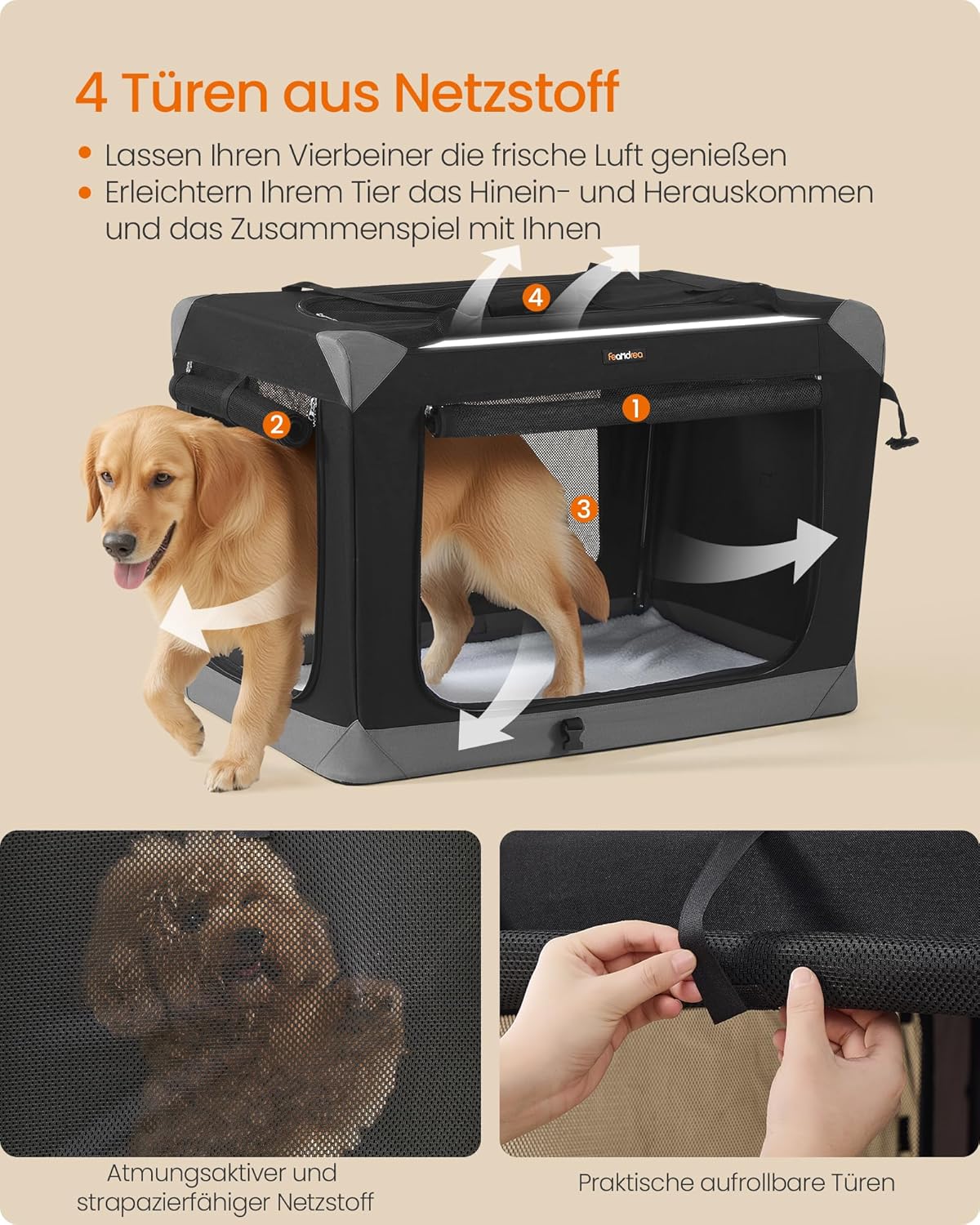 Faltbare Hundetransportbox mit Netzstoff-Türen, L 91 x B 64 x H 64 cm