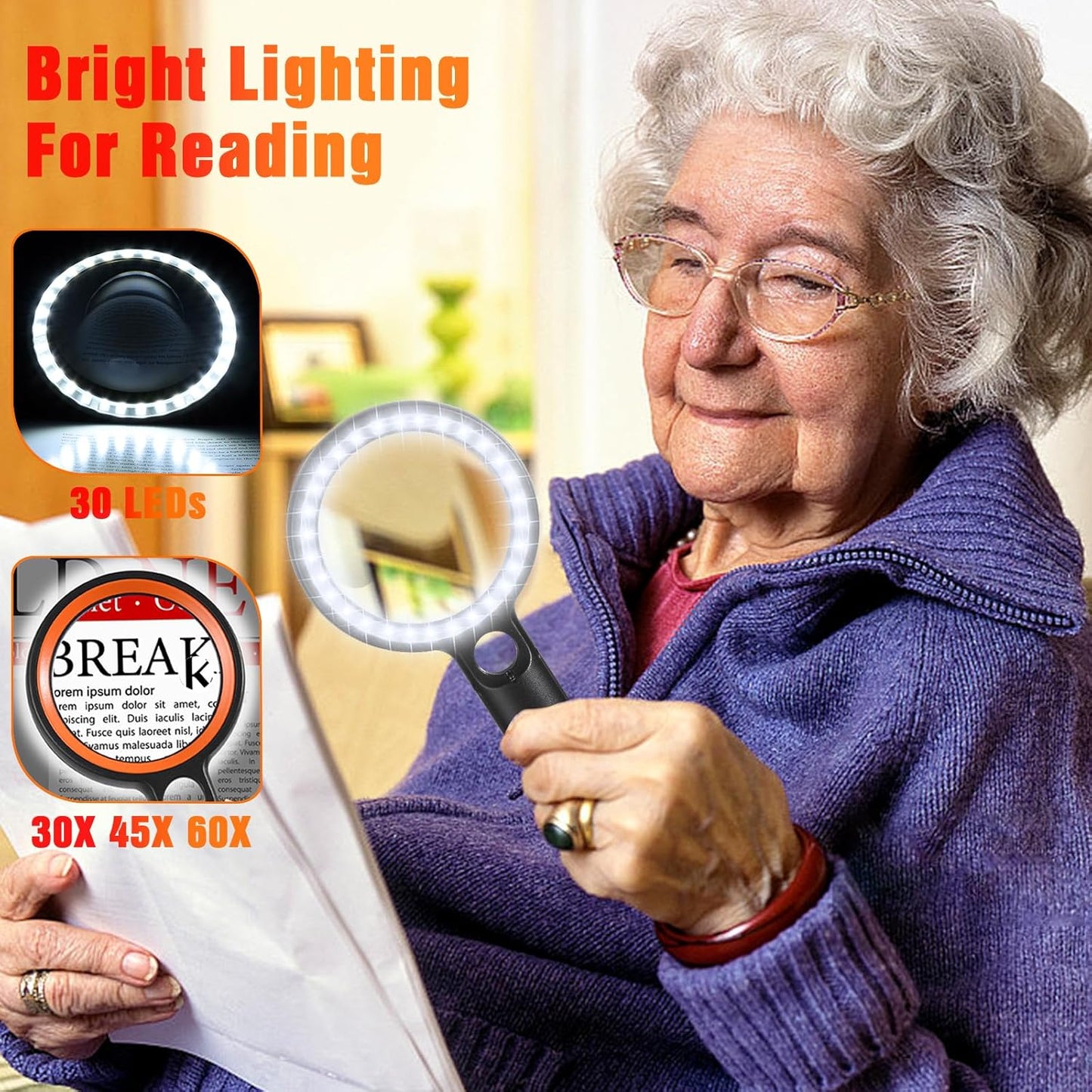 Leselupe mit LED-Beleuchtung, 30X-60X Vergrösserung, 30led - Schwarz Orange