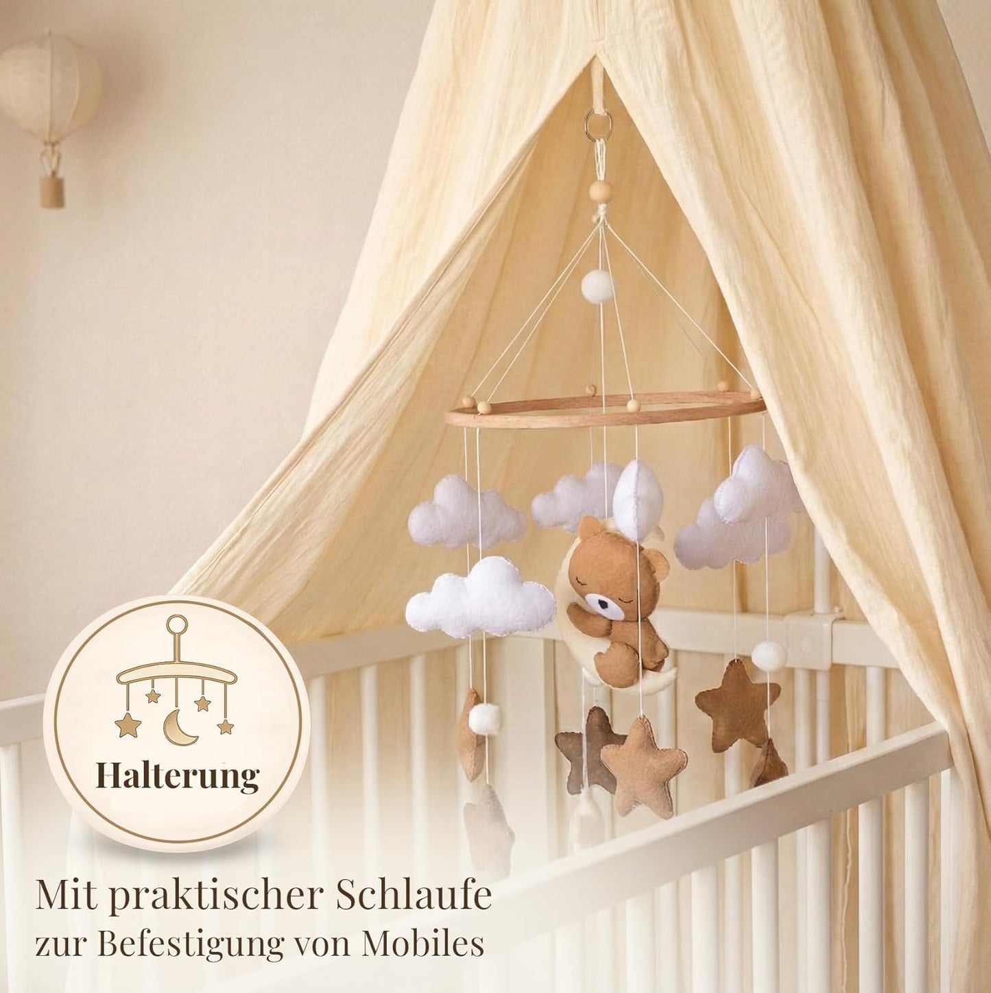 Betthimmel Set mit Himmelstange, montierbarer Ständer + Stoff creme