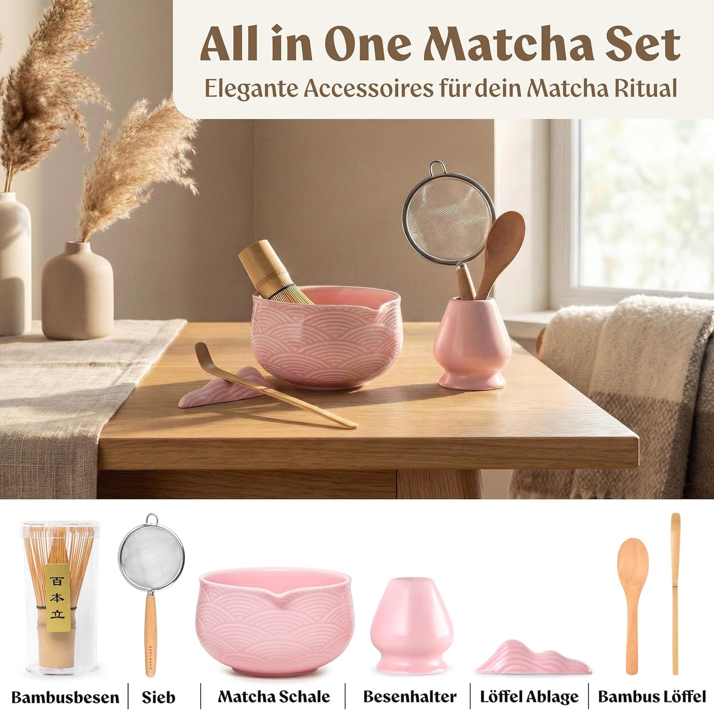 7-teiliges Matcha-Teeset, Pink