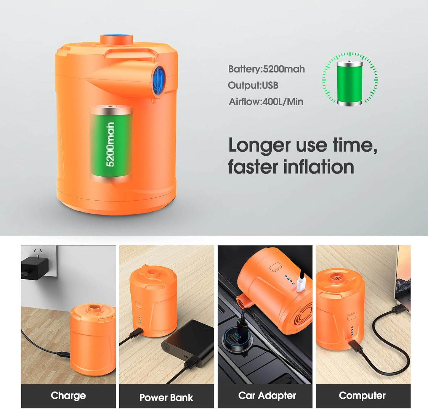 Elektrische Mini-Luftpumpe mit Akku und 3 Düsen, Orange