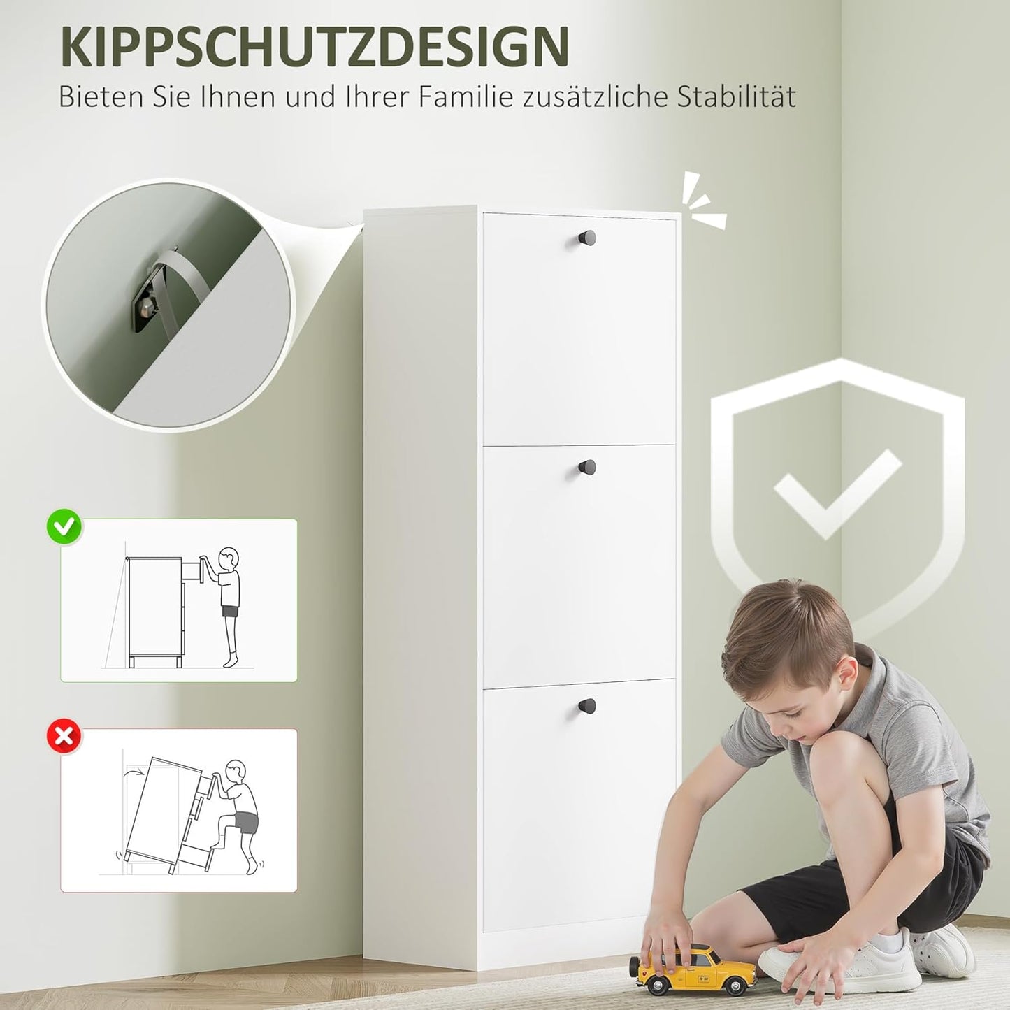 Schuhschrank mit 3 Klappen und verstellbaren Trennwänden, 47L x 26B x 120H cm