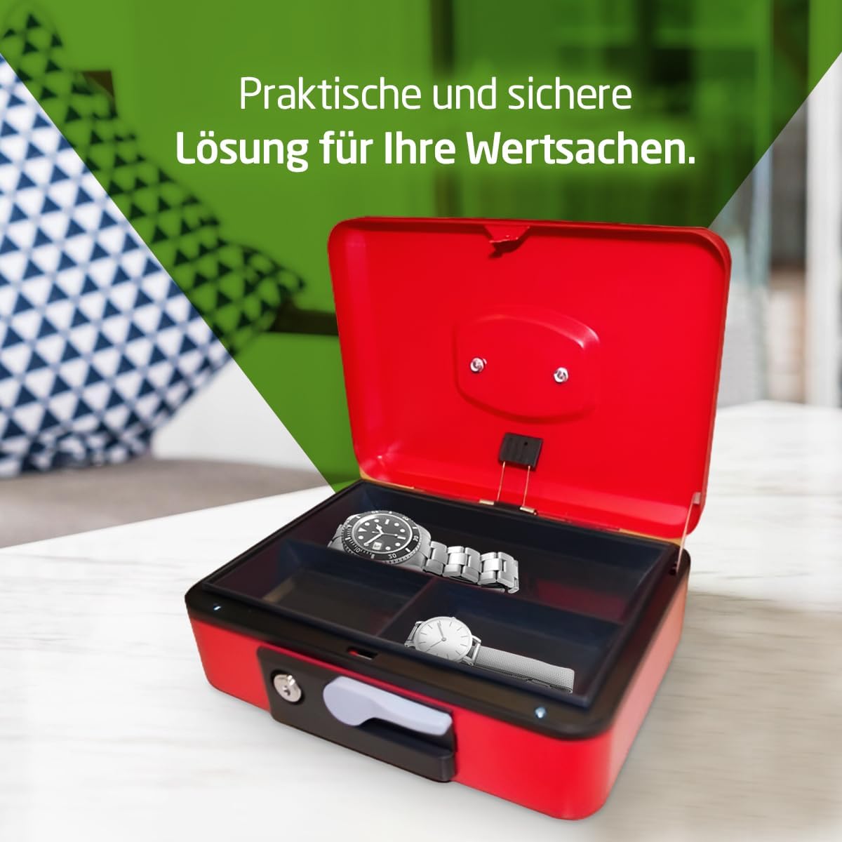 Sicherheits-Geldkassette mit Münzschale und Schlüssel, Rot 197 x 154 x 80 mm