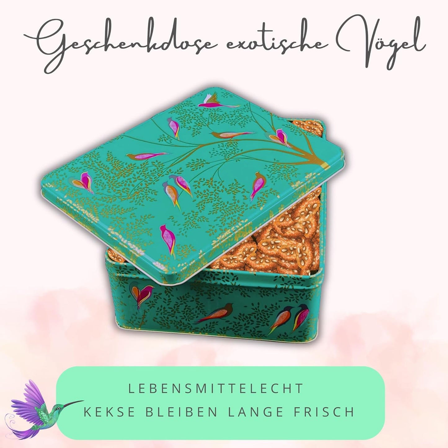 Keksdose mit exotischen Vögeln-Motiv, Exotische Vögel