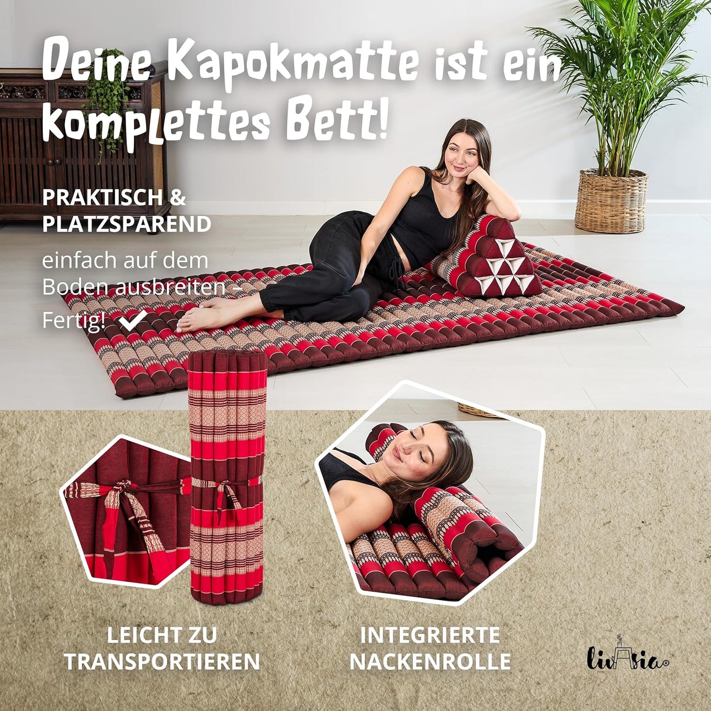 Rollmatte Rollmatratze aus Kapok 200x110 cm, L (200 x 110 cm) Rubinrot