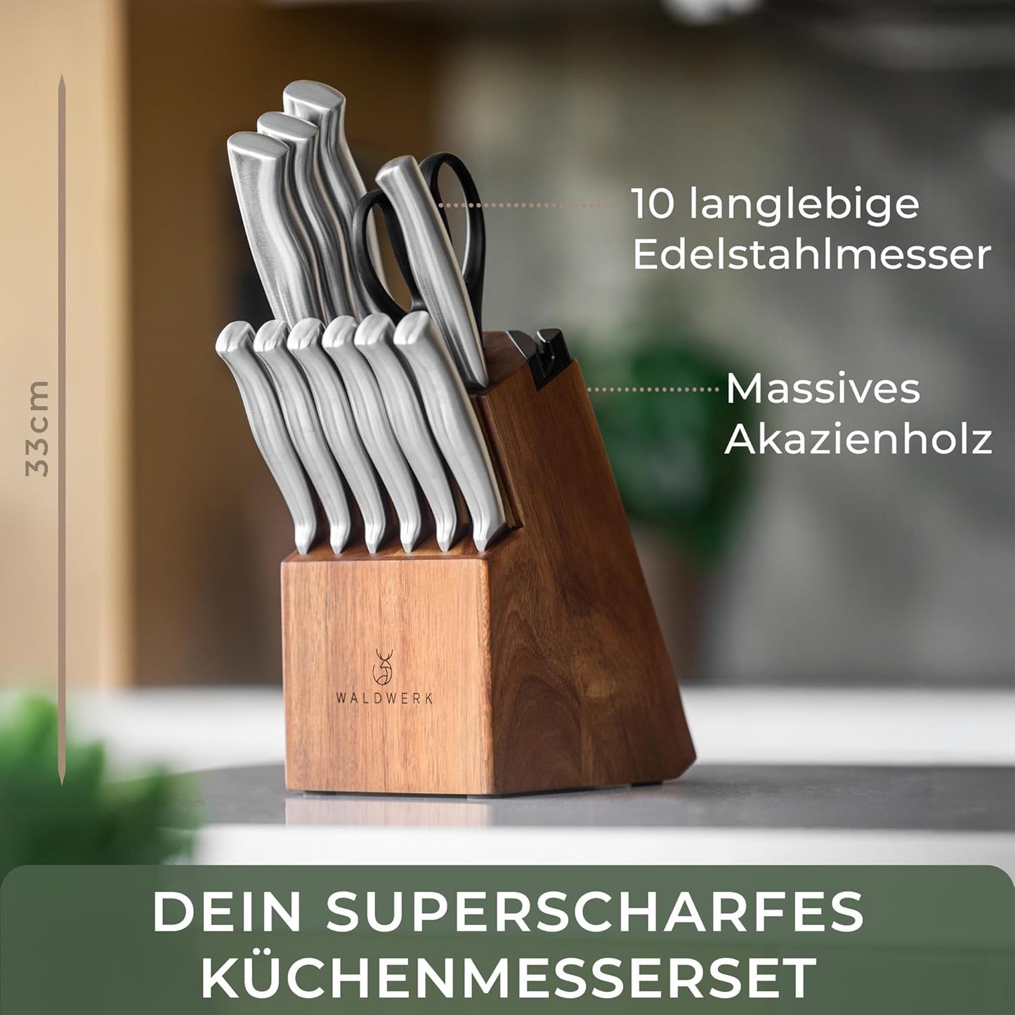 Messerblock mit 11-teiligem Messerset und integriertem Messerschärfer, Messerblock bestückt 11 Akazie