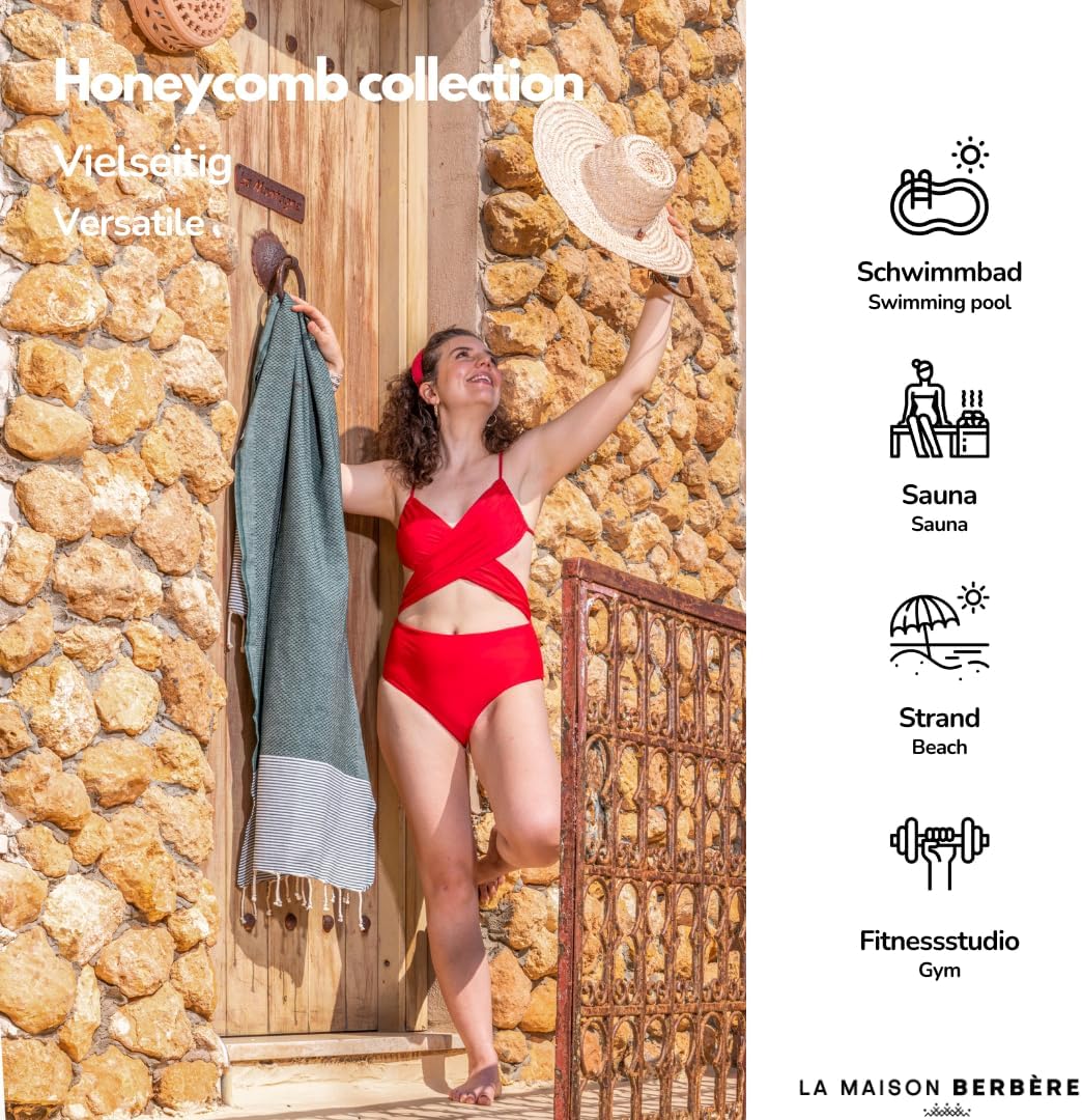 2er-Set Hamamtuch, Set Of 2 -H- Creme & Dunkelgrün Honeycomb