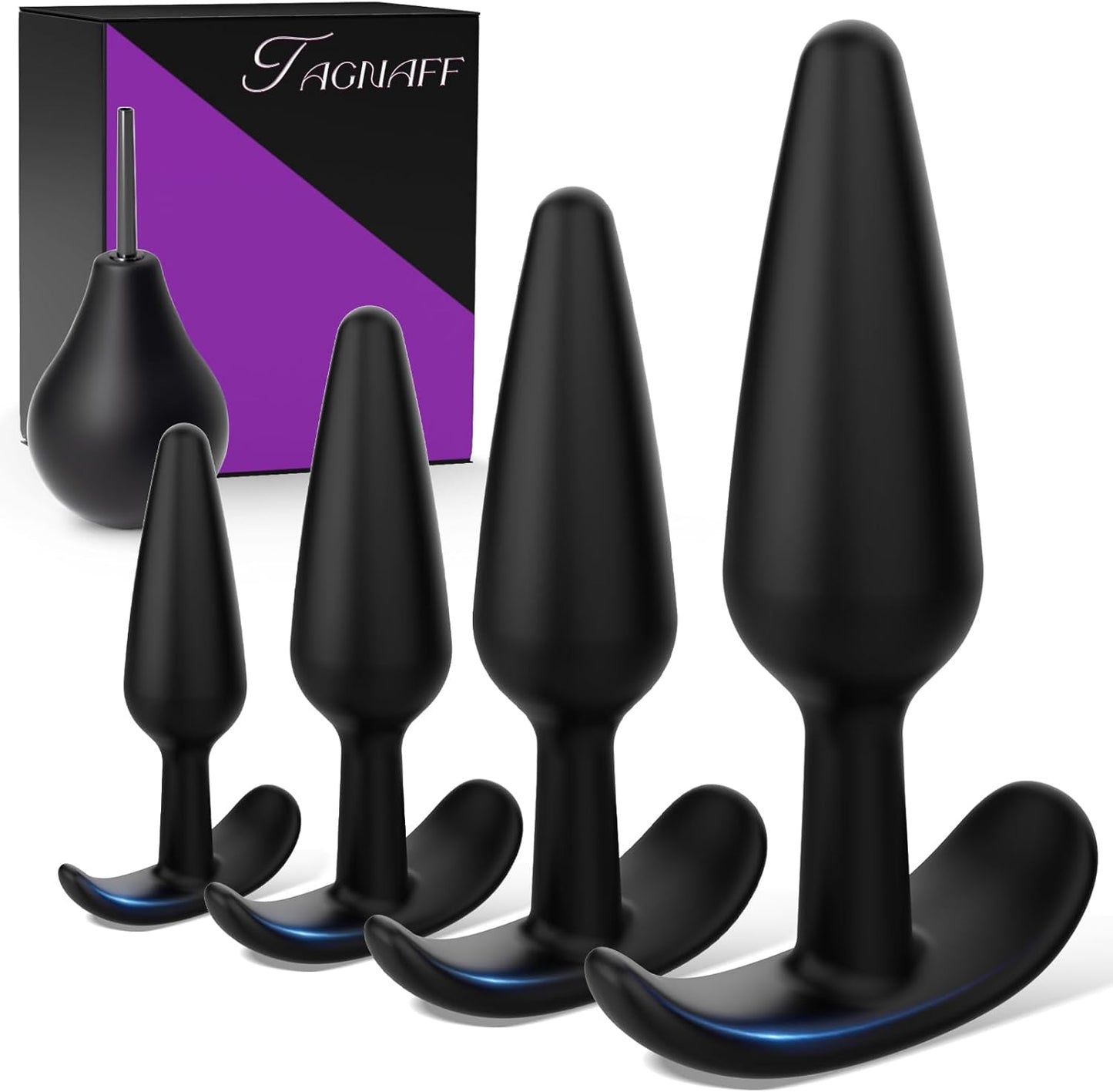 5-teiliges Analplug-Set mit Analdusche, in 4 Grössen, Pechschwarz