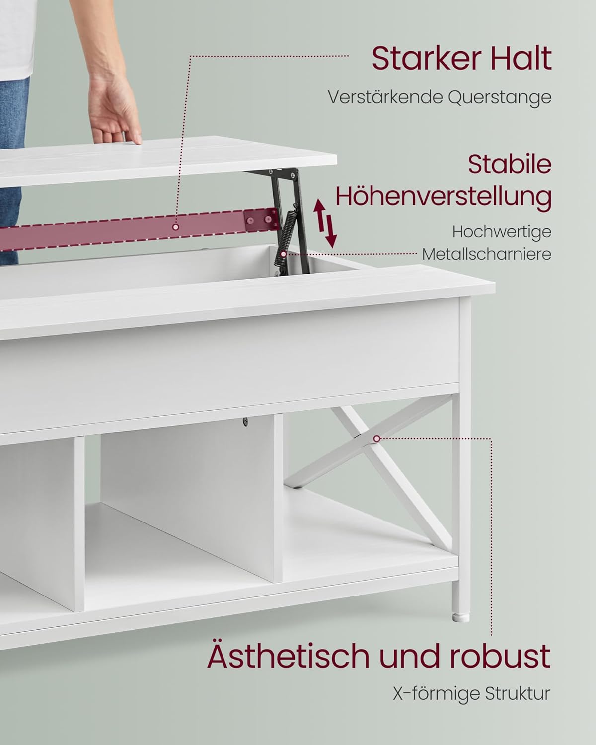 Höhenverstellbarer Wohnzimmertisch, 100B cm Schneeweiss + Weiss