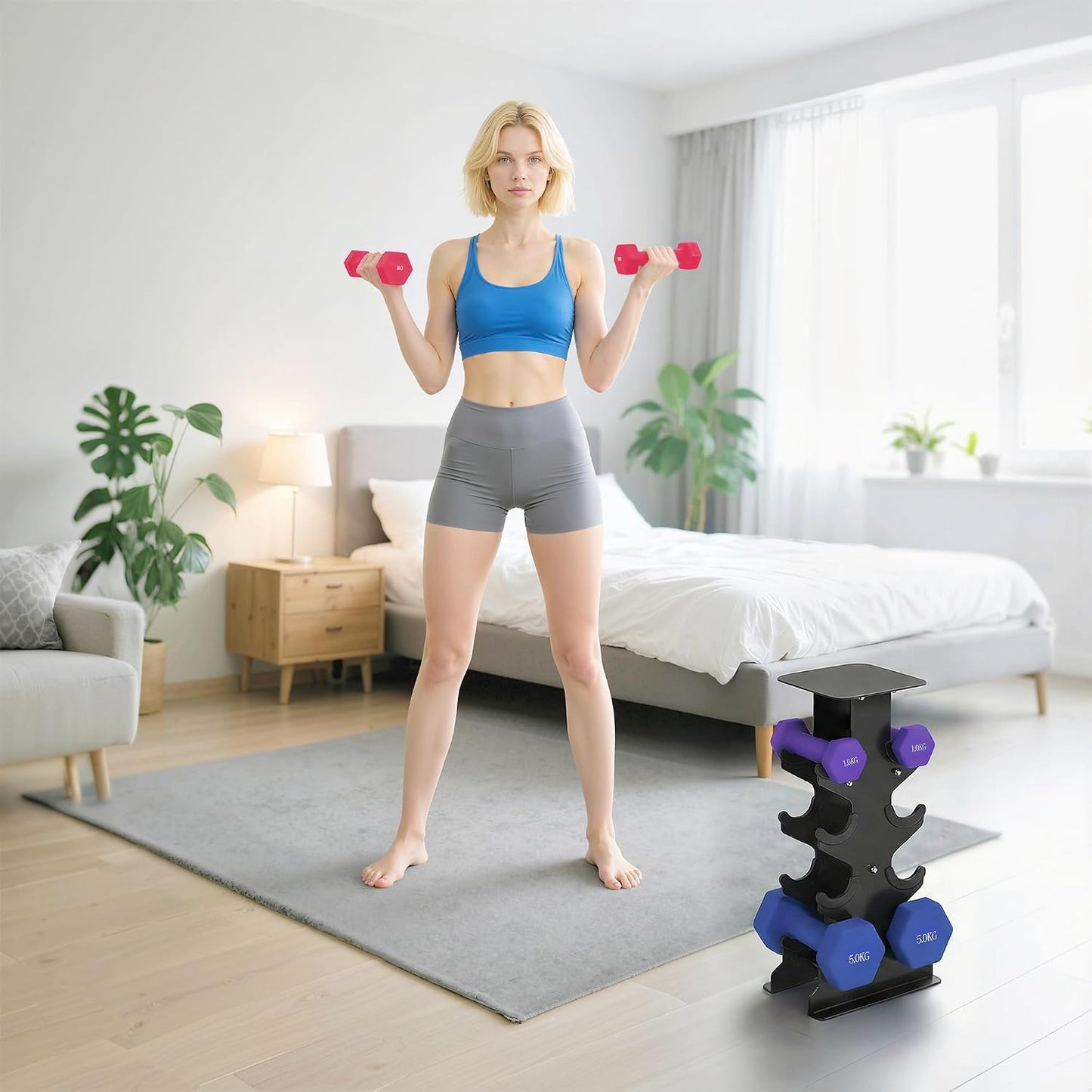 Hantelset mit Aufbewahrungsständer, Violett+Rosa+Blau 18 kg