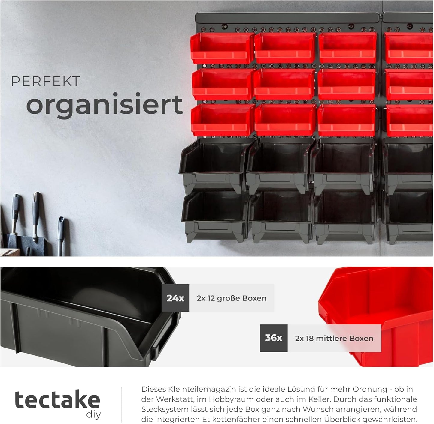 Werkstatt-Wandregal mit Stapelboxen, 64 x 38 x 17.5 cm | 2 Shelf Units, Rot, Schwarz