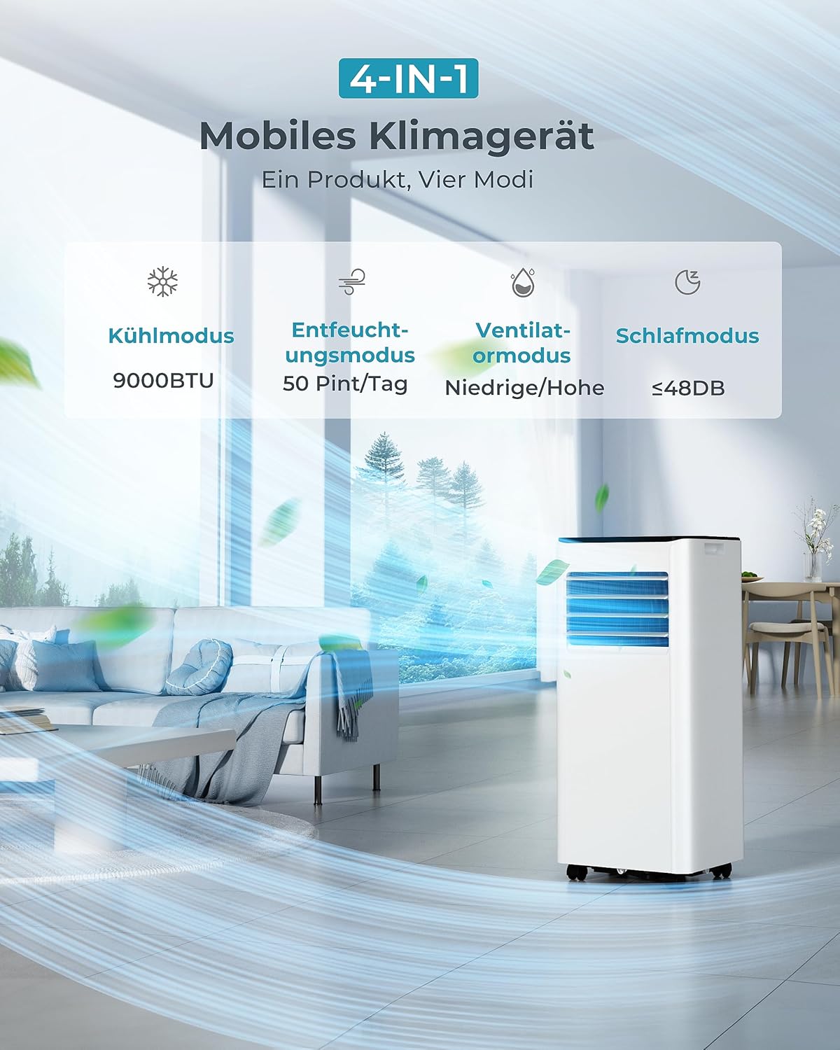 4-in-1 mobile Klimaanlage mit Abluftschlauch, 9.000 BTU