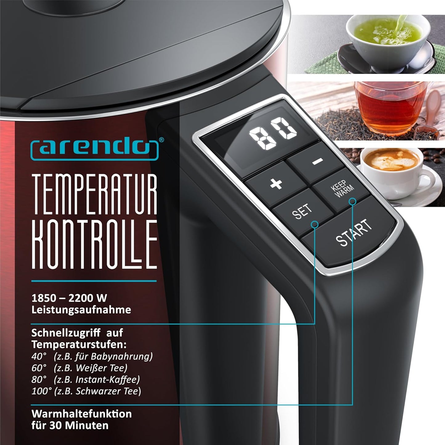 Edelstahl-Wasserkocher mit Temperatureinstellung (1,5L), F: Kaminrot