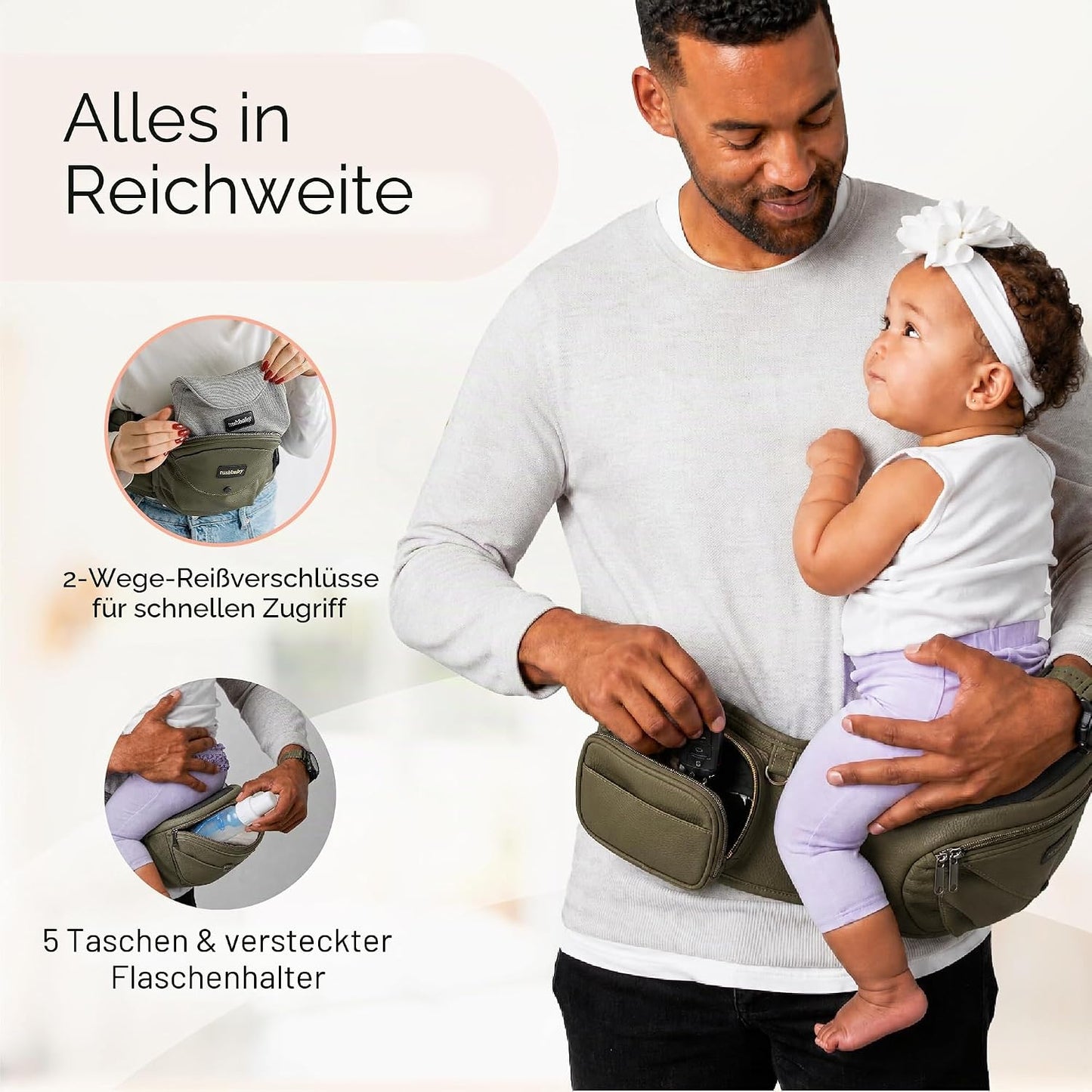 Ergonomischer Baby-Hüftsitz mit Stauraum, Olive