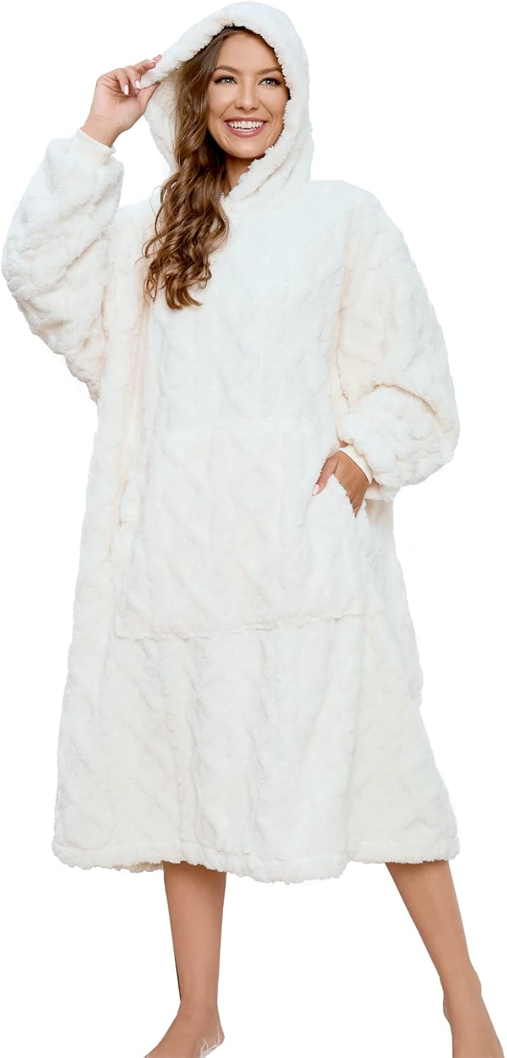 Sherpa-Decke mit Kapuze, Einheitsgröße Jacquard Milchweißer