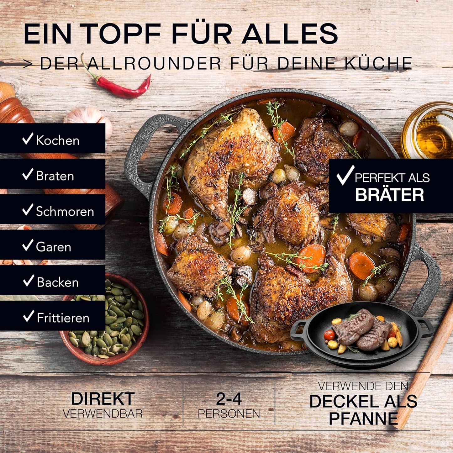 Gusseisen-Brotbacktopf mit Deckel (26cm), Gusseisentopf