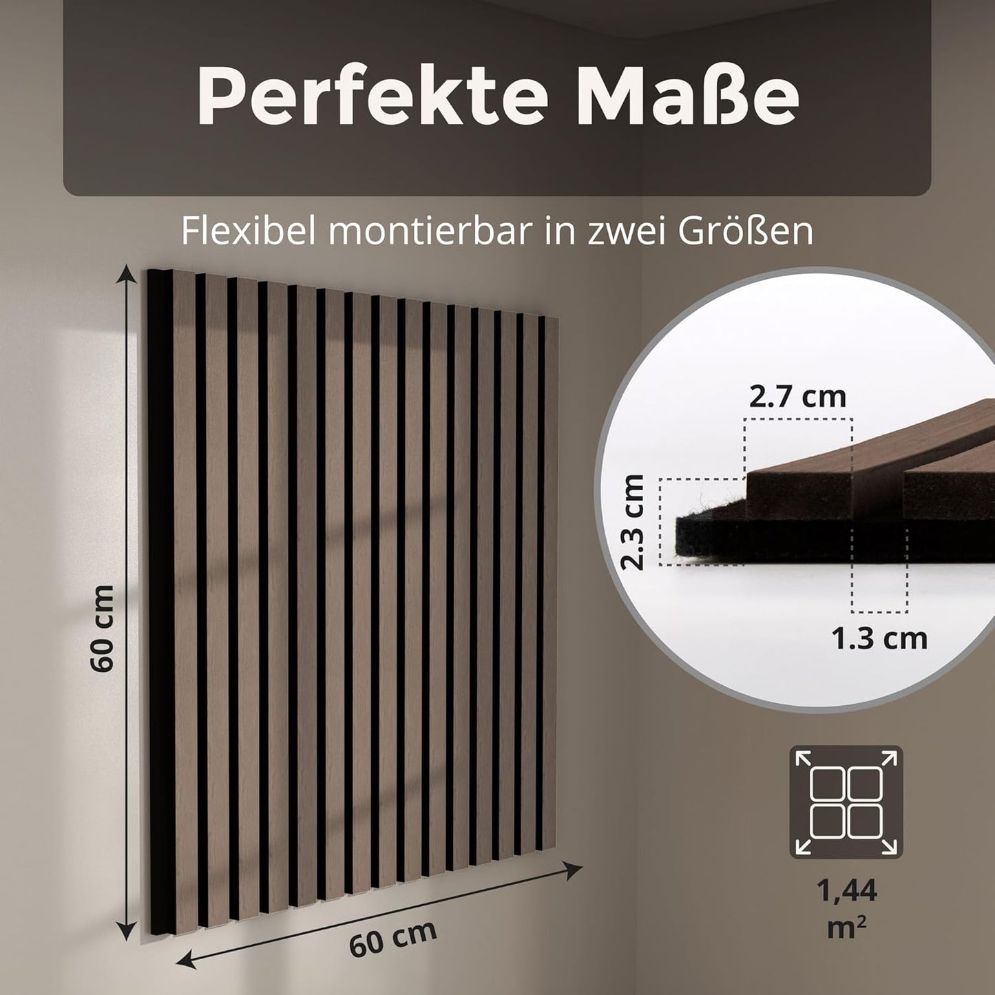 4-teiliges Akustikpaneele Set mit Lamellenwand, 60x60cm, 4 Stück Walnuss