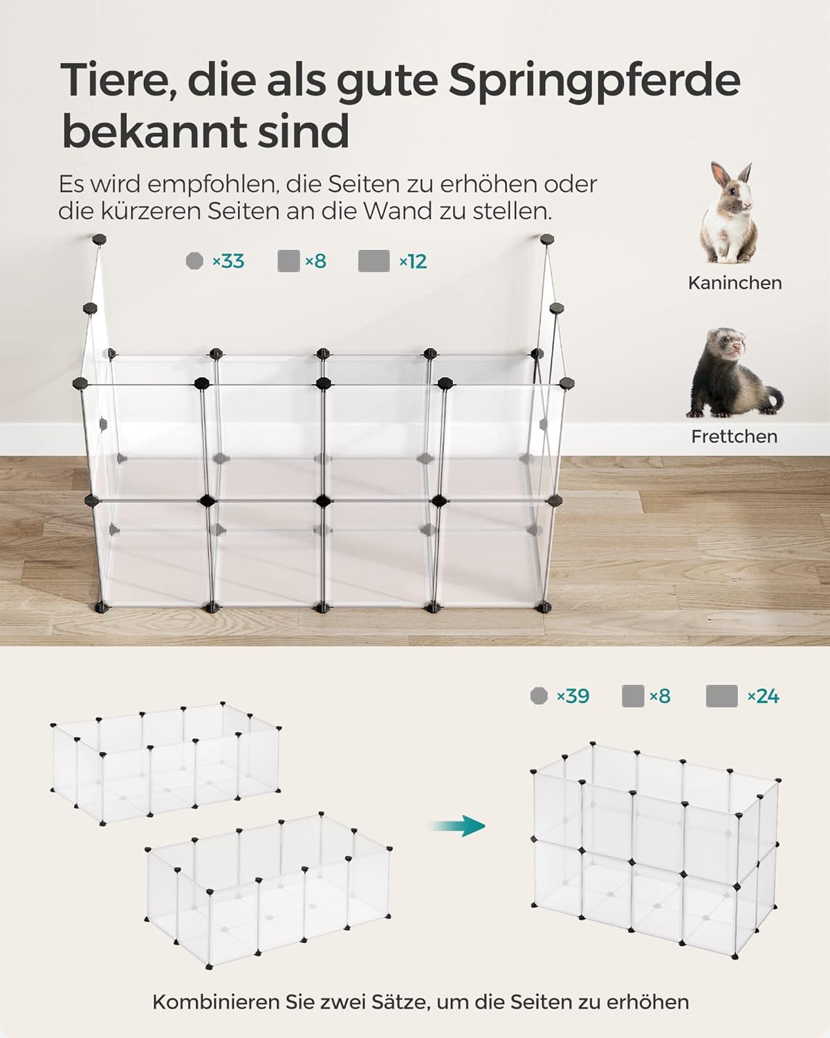 Freigehege mit Bodenplatten für Kleintiere, S (125L x 63B x 42H cm) Weiss