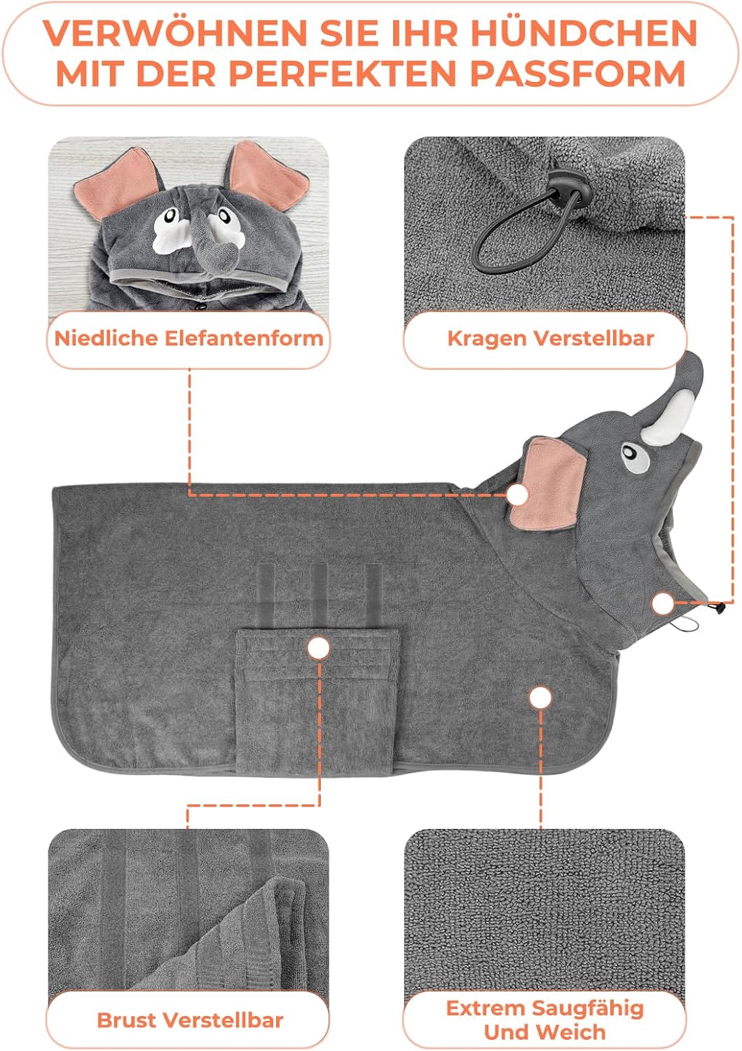 Hundebademantel mit Handschuhen, S Elefant