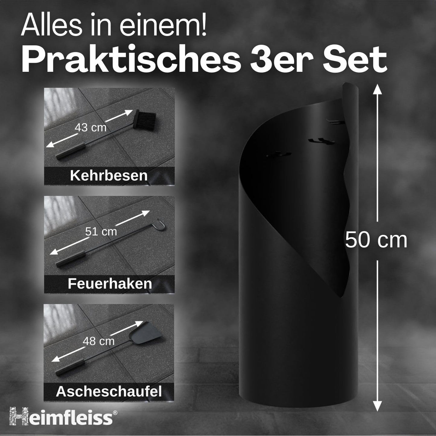 Modernes Kaminbesteck-Set, Schwarz mit Schwarzen Griffen