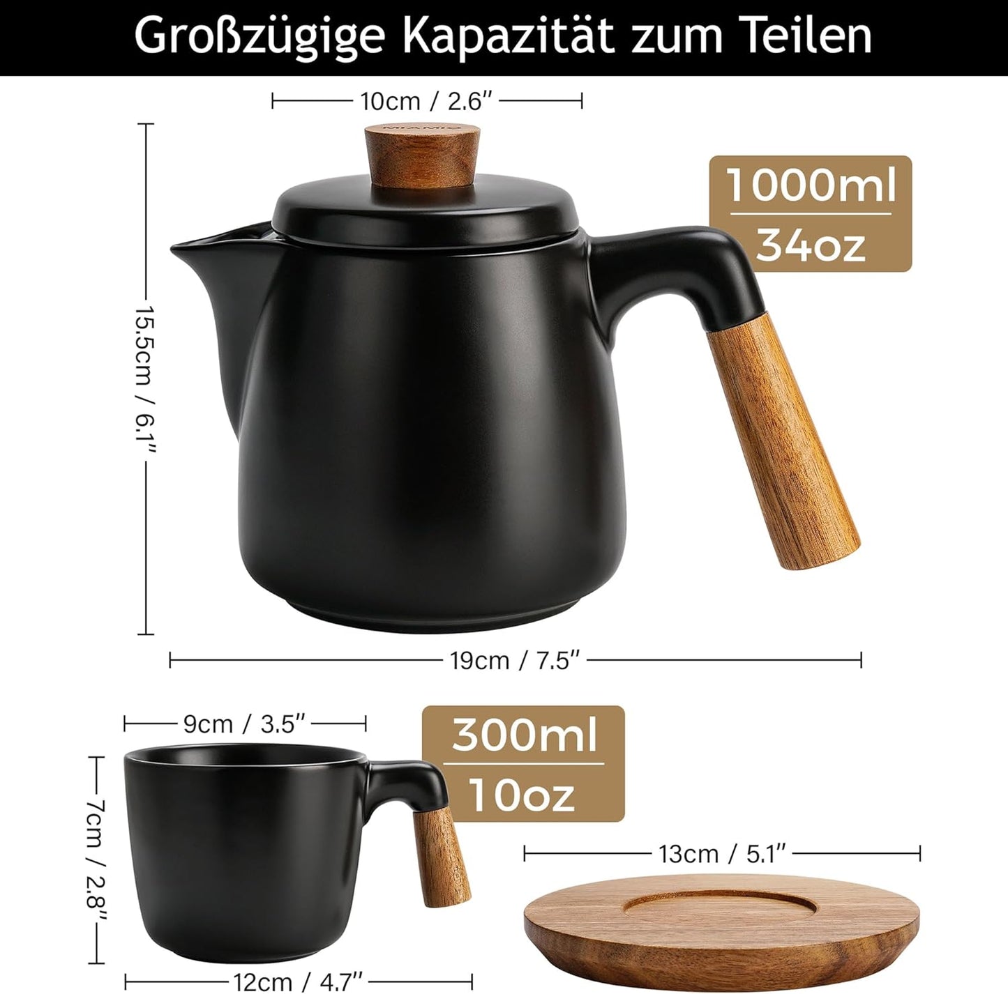 Teekanne-Set mit Siebeinsatz, Schwarz
