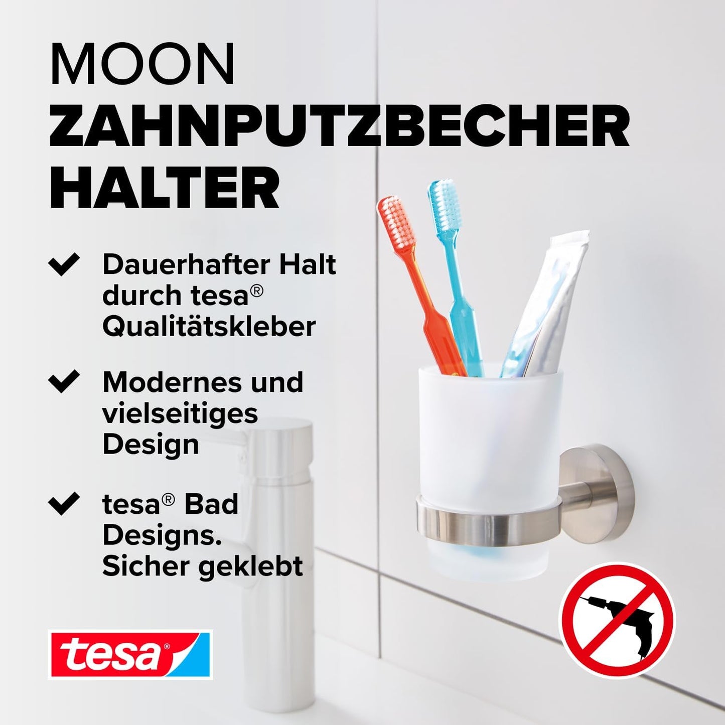 Moon Zahnputzbecher mit Wandhalterung, Klebelösung, Zahnbürstenhalter