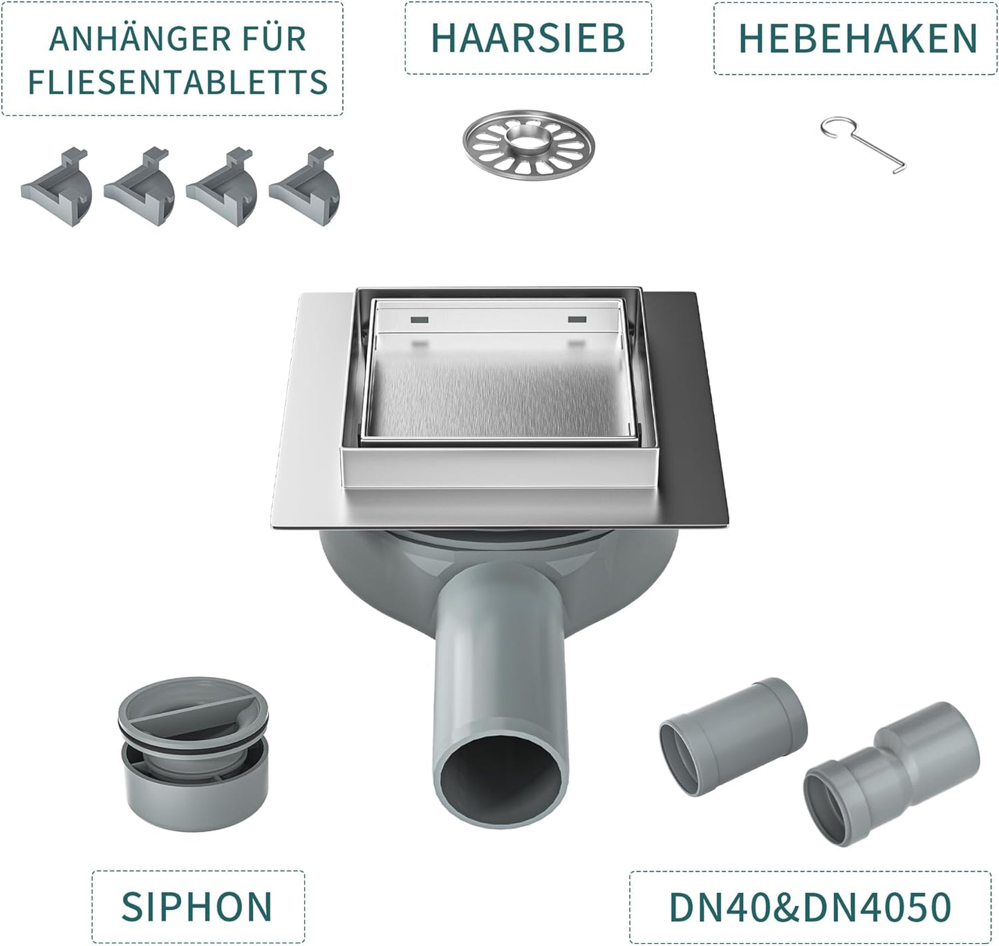 Befliesbare Duschrinne mit 360° Siphon und Haarsieb, Silber 10cm