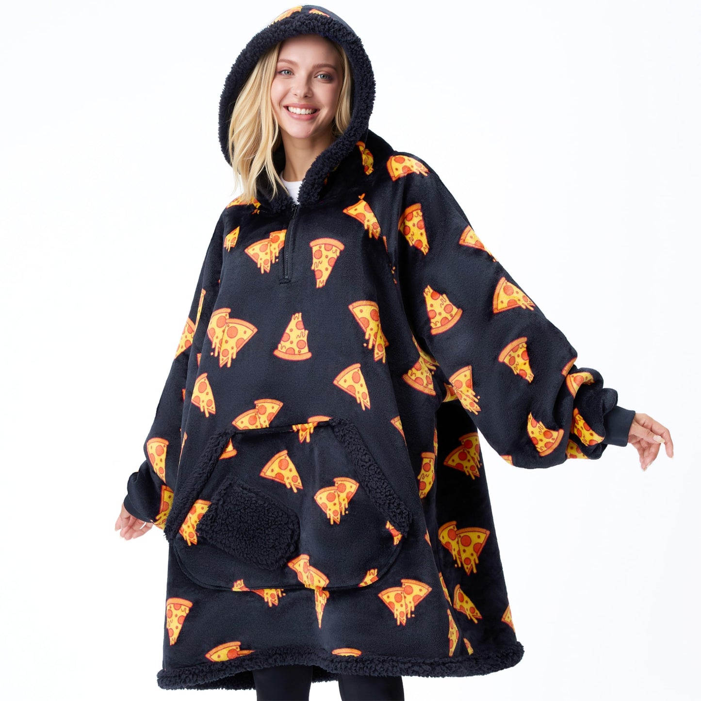 Tragbare Decken Hoodie aus Flanell Sherpa Fleece, Schwarze Pizza