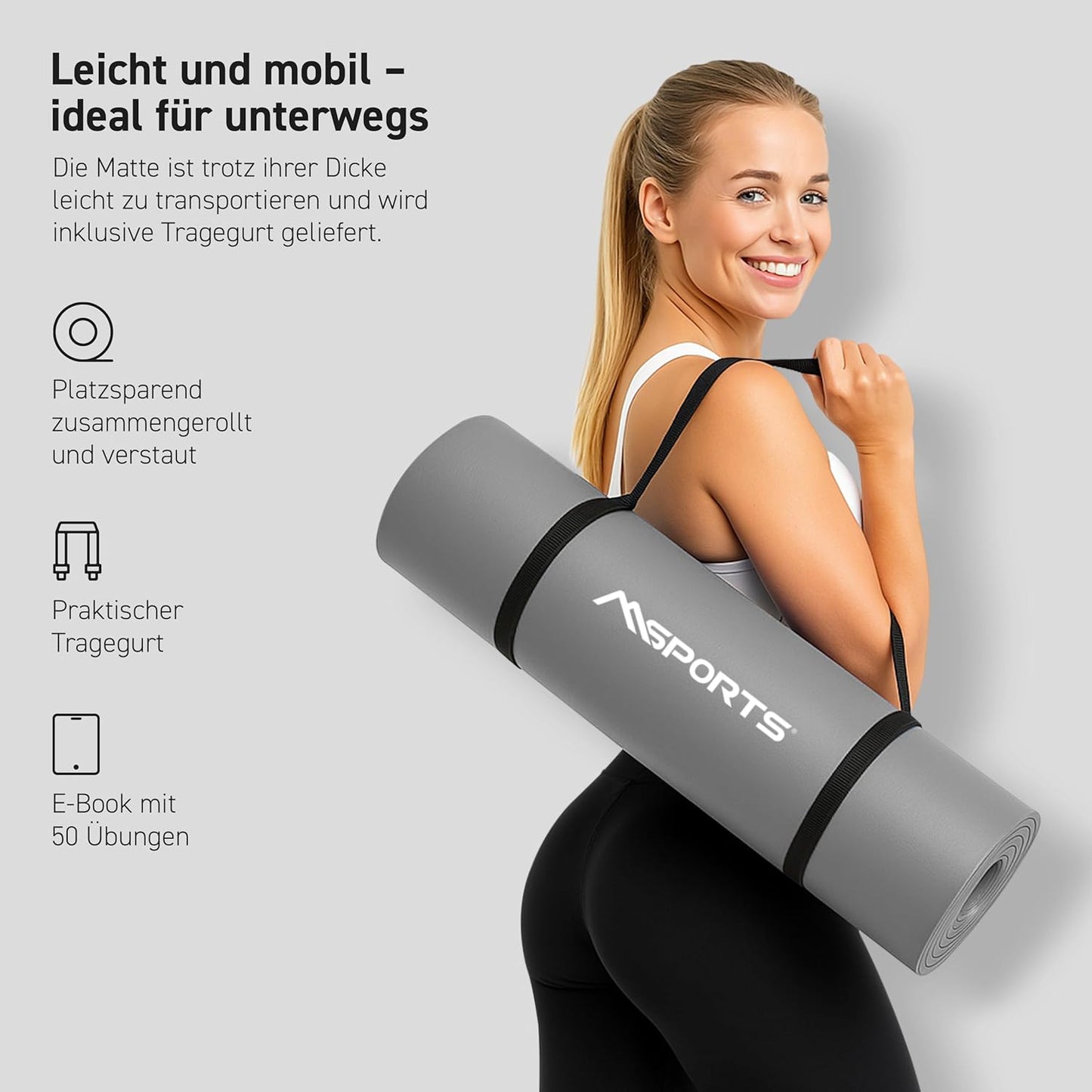 Gymnastikmatte mit Tragegurt & App-Zugang, Grau-Anthrazit ; 190 x 100 x 1,5 cm