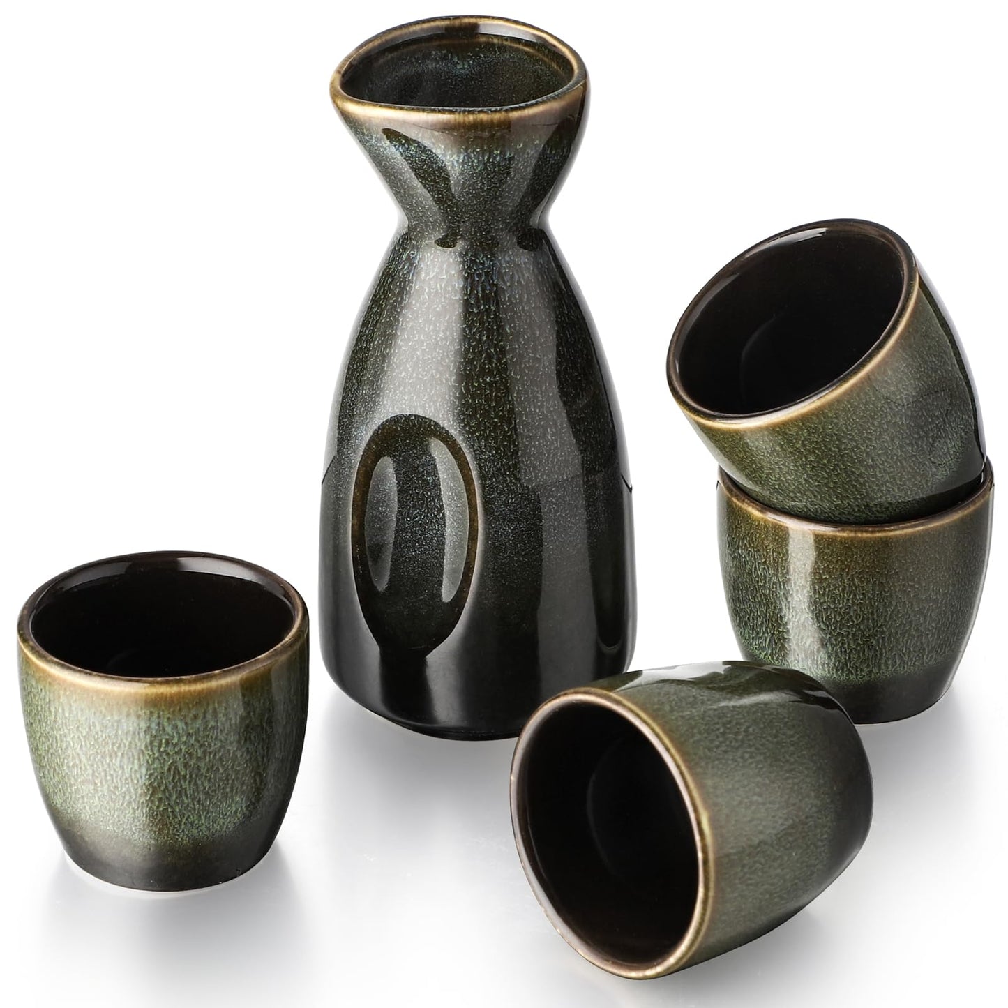 Sake-Set mit 4 Bechern und Wärmer, Grün Schwarz