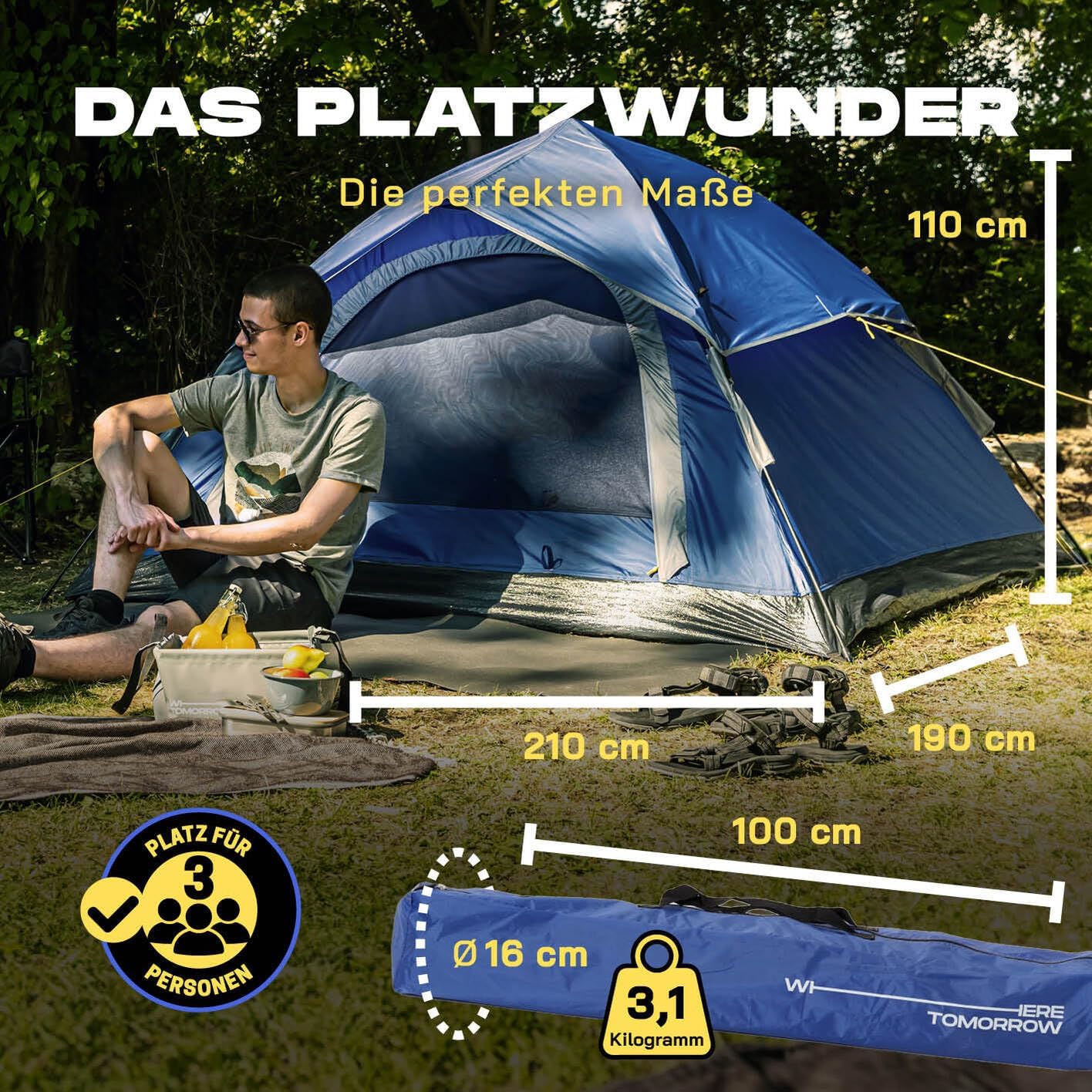 Pop Up Wurfzelt für 3 Personen, Blau 2-3 Personen | 1 Eingang