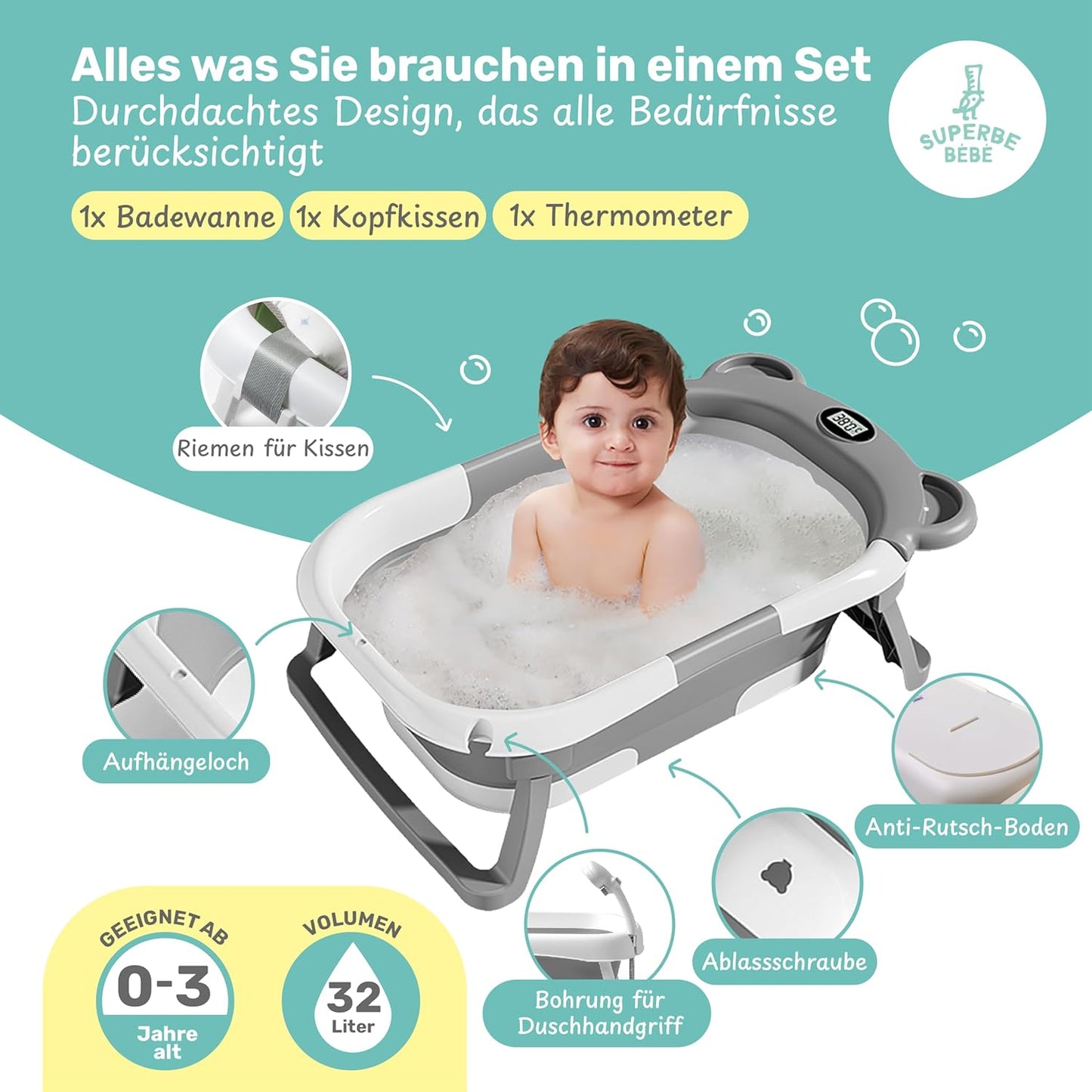 Faltbare Babywanne mit Badethermometer, 2 x faltbar Bear GRAU