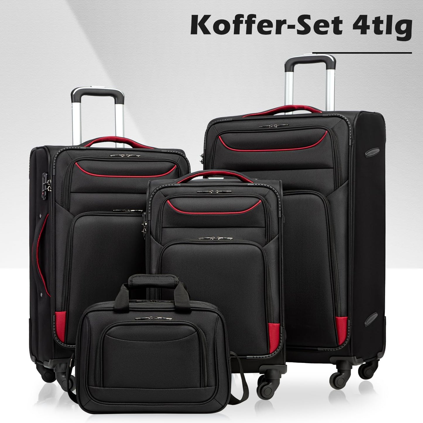 Kofferset mit Umhängetasche, Koffer-Set 4tlg Schwarz+rot