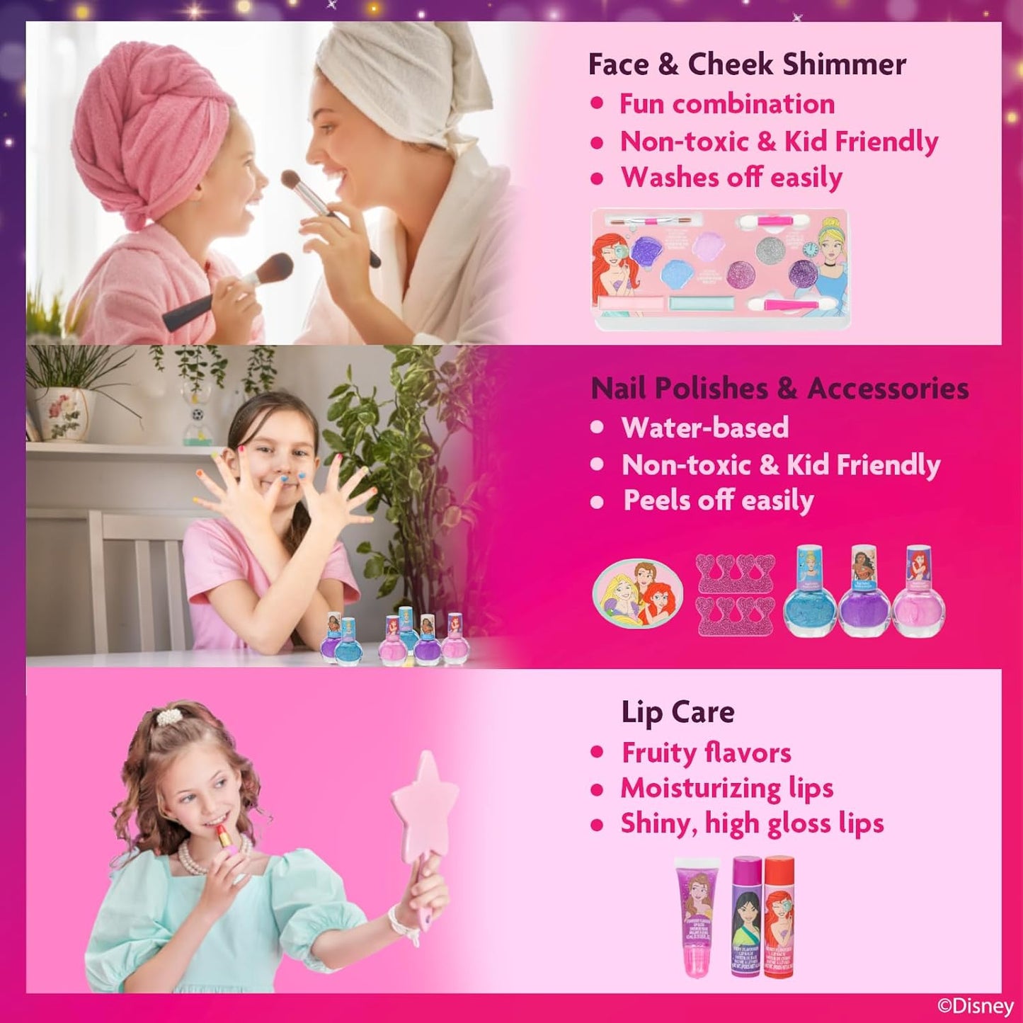 Disney Princess Schminkset mit Schönheitskoffer für Kinder, Neon Blau Glitzer, Rosa Glitzer Violett