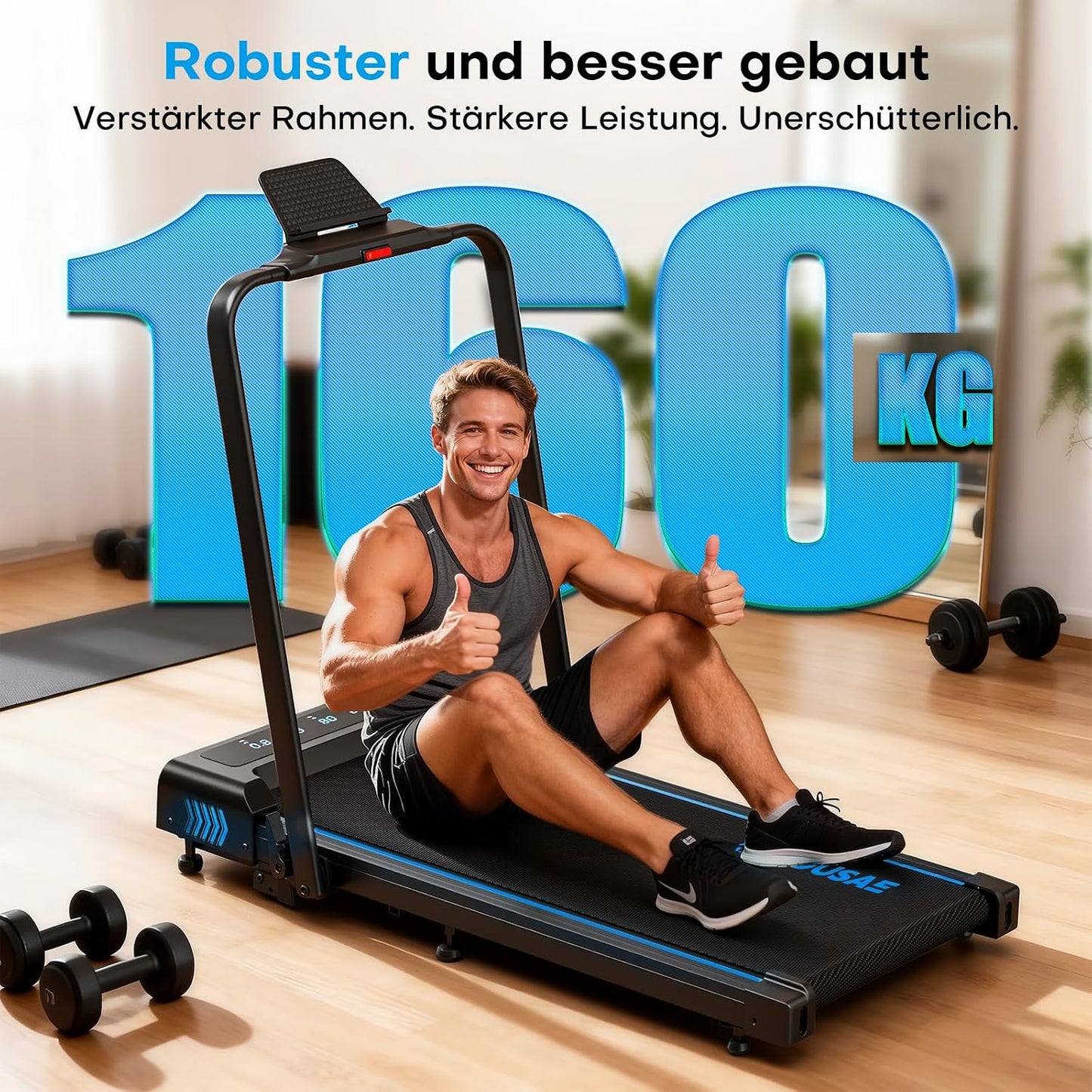 5-in-1 Klappbares Laufband mit Steigung und App-Anbindung, Schwarz-blau
