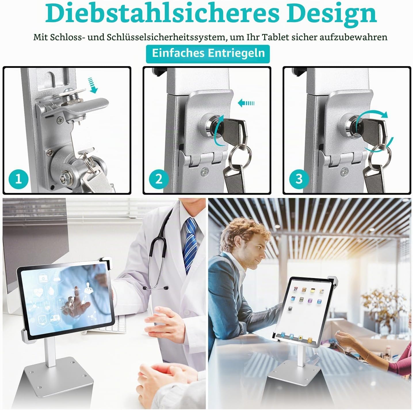 Tablet-Halterung mit Schloss, Silber
