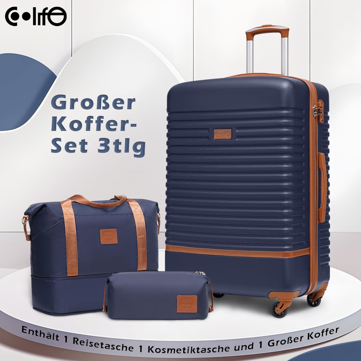 3-teiliges Reisegepäck-Set, Blau/Braun Grosser Koffer-Set 3tlg