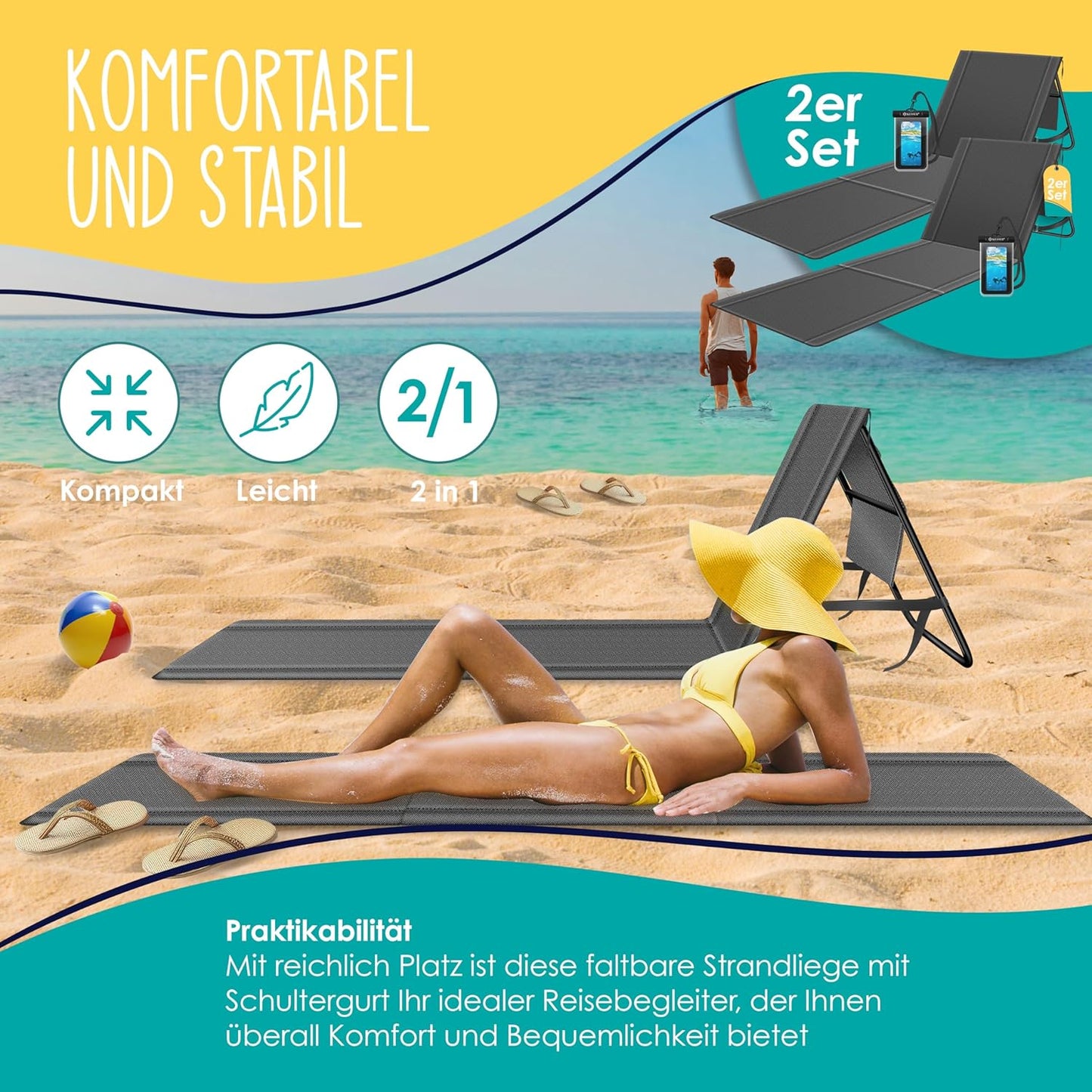 Klappbare Strandmatte mit verstellbarer Rückenlehne und Tragegurt 2er-Set, 2 Stück Anthrazit